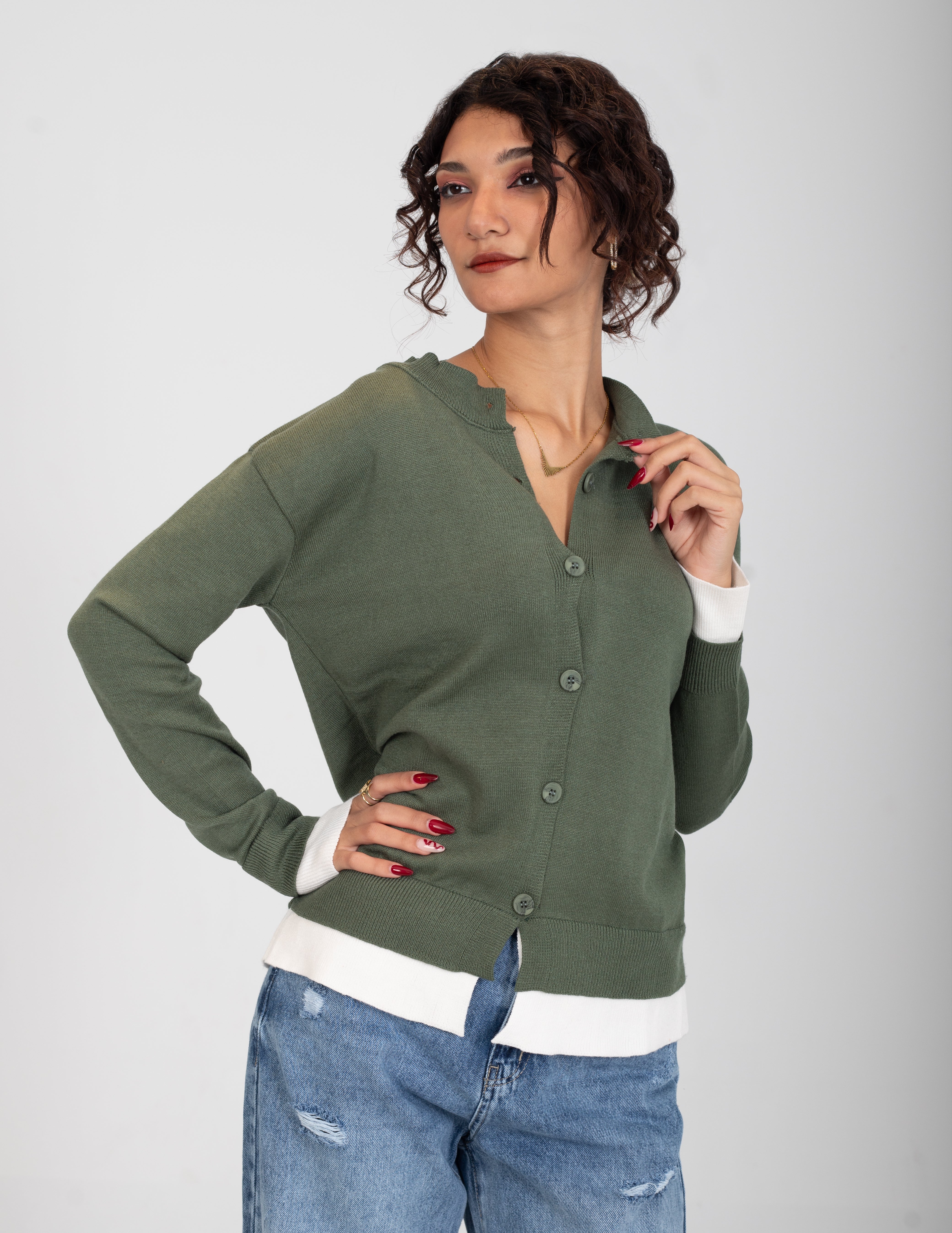 Contrast _Cuff Ribbed Cardigan w164684