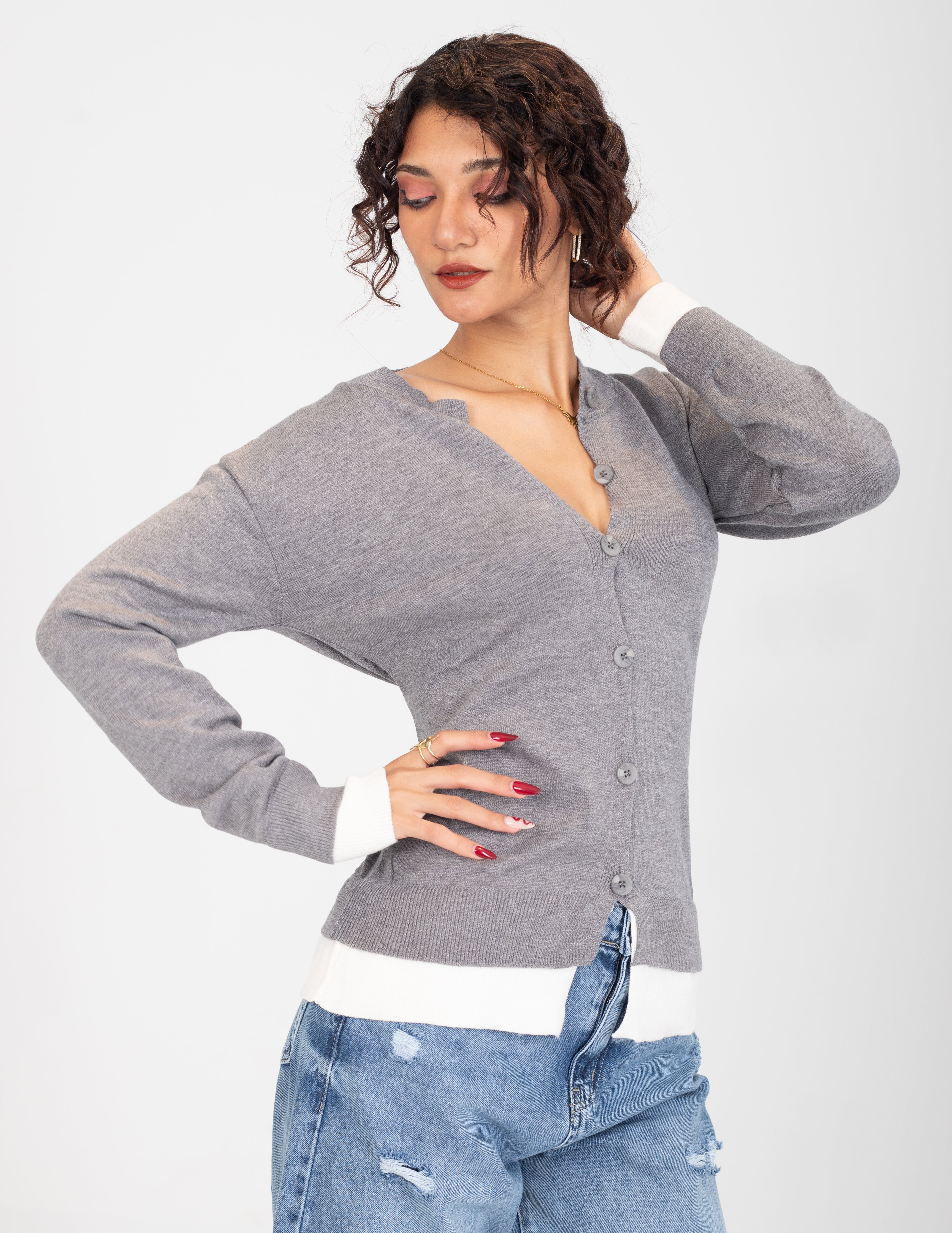 Contrast _Cuff Ribbed Cardigan w164684