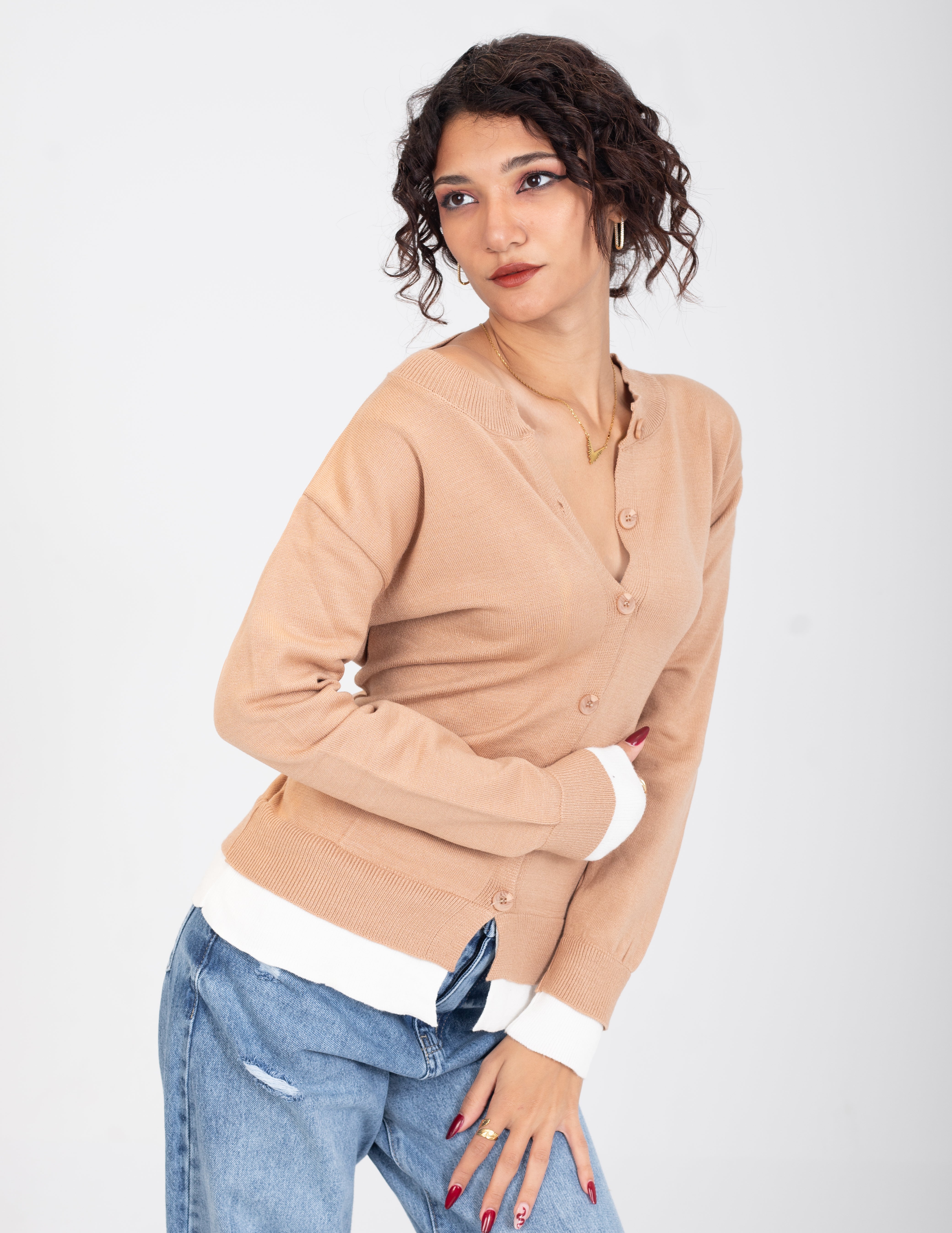 Contrast _Cuff Ribbed Cardigan w164684