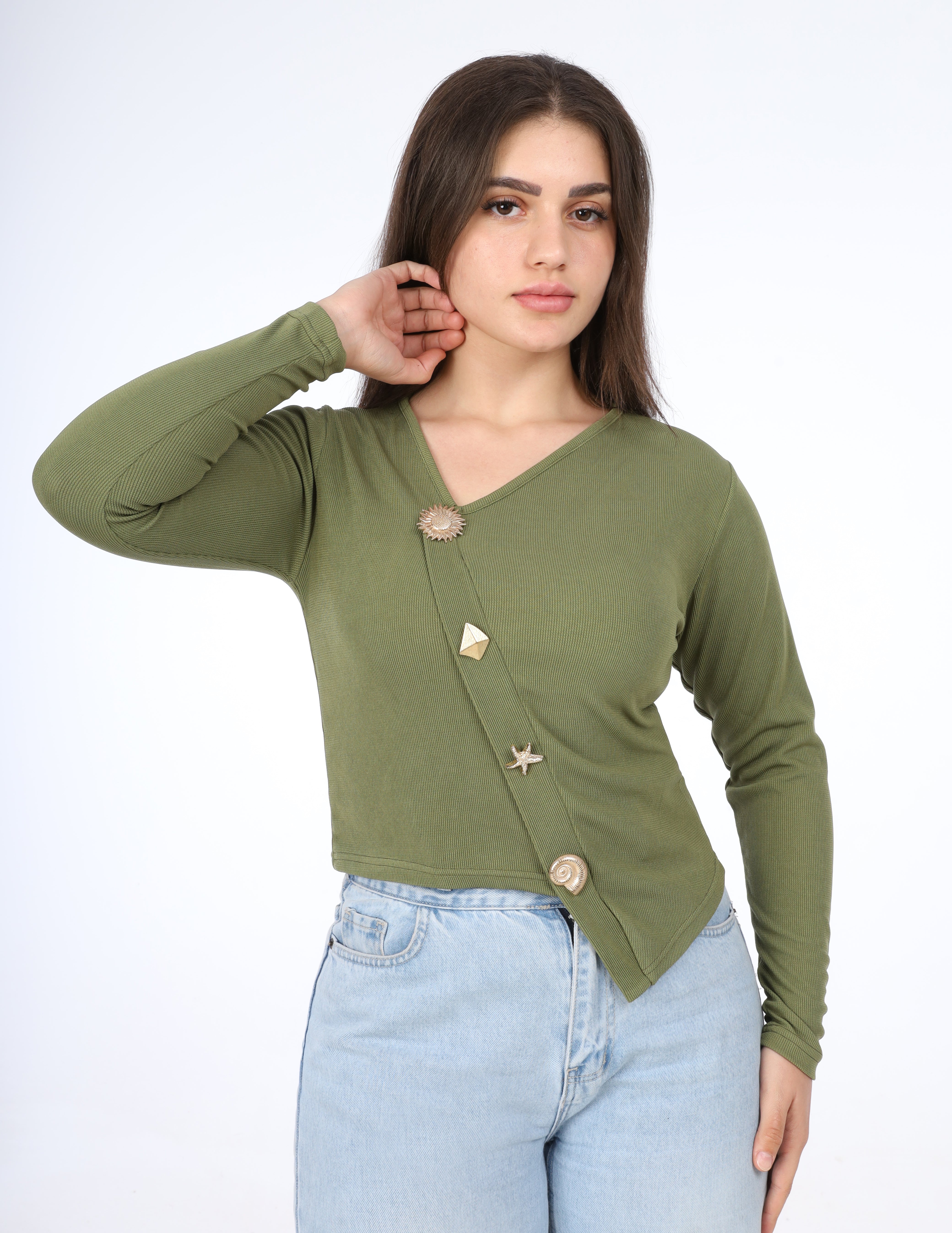 Asymmetric Button Sleeve Top w164871
