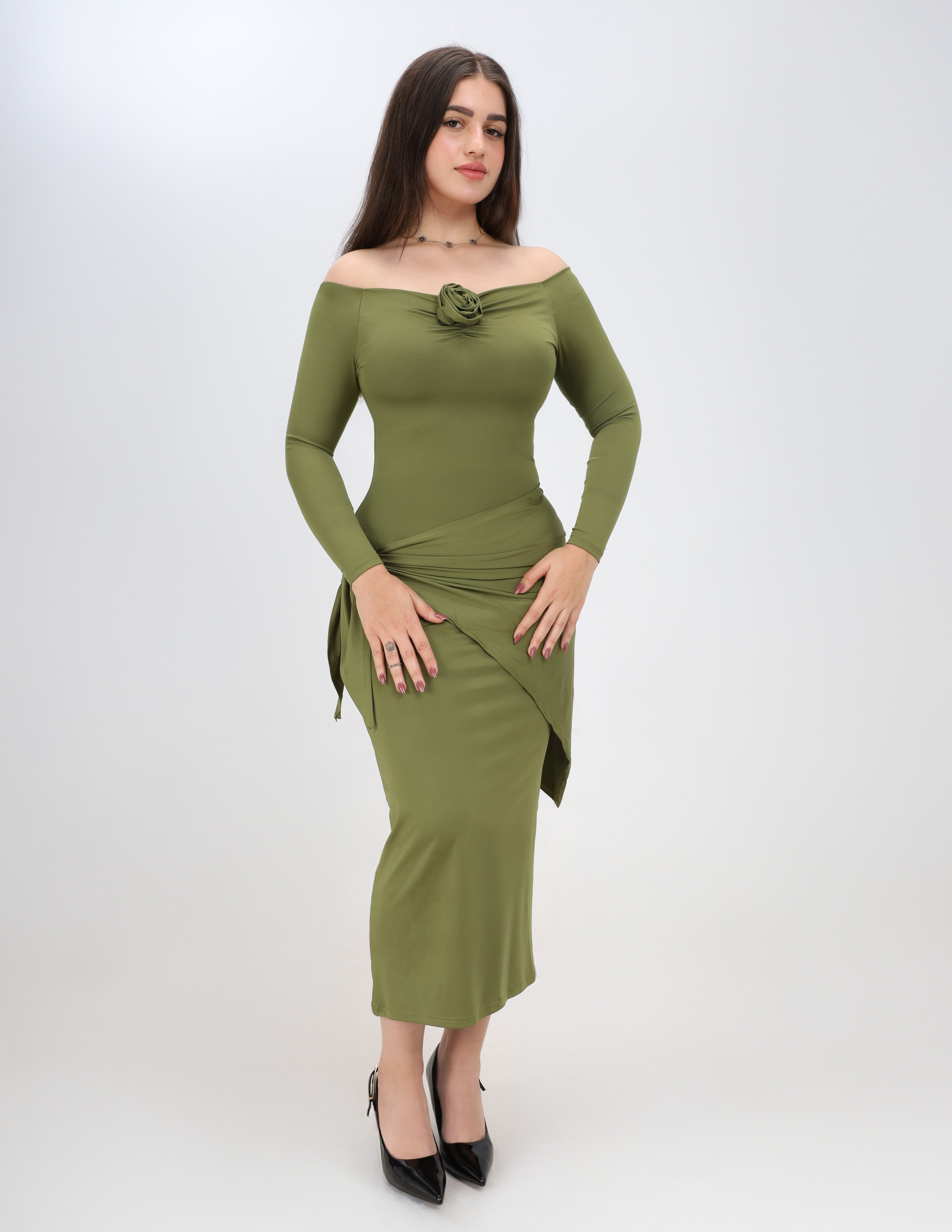 Elegant Off-Shoulder Rose Detail Dress w164883