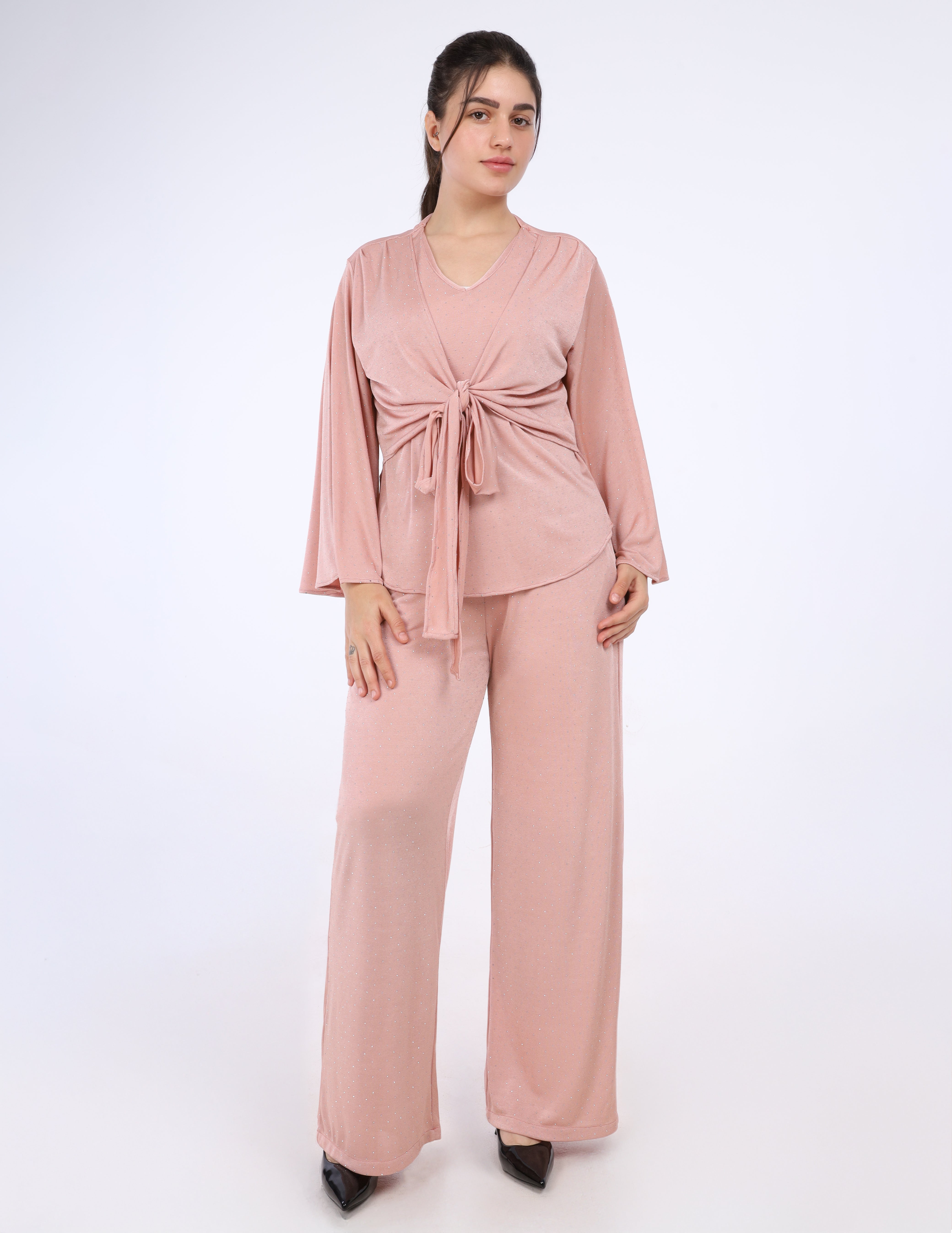 Beaded Tie-Front Elegant Set with Wide Sleeves w1649300