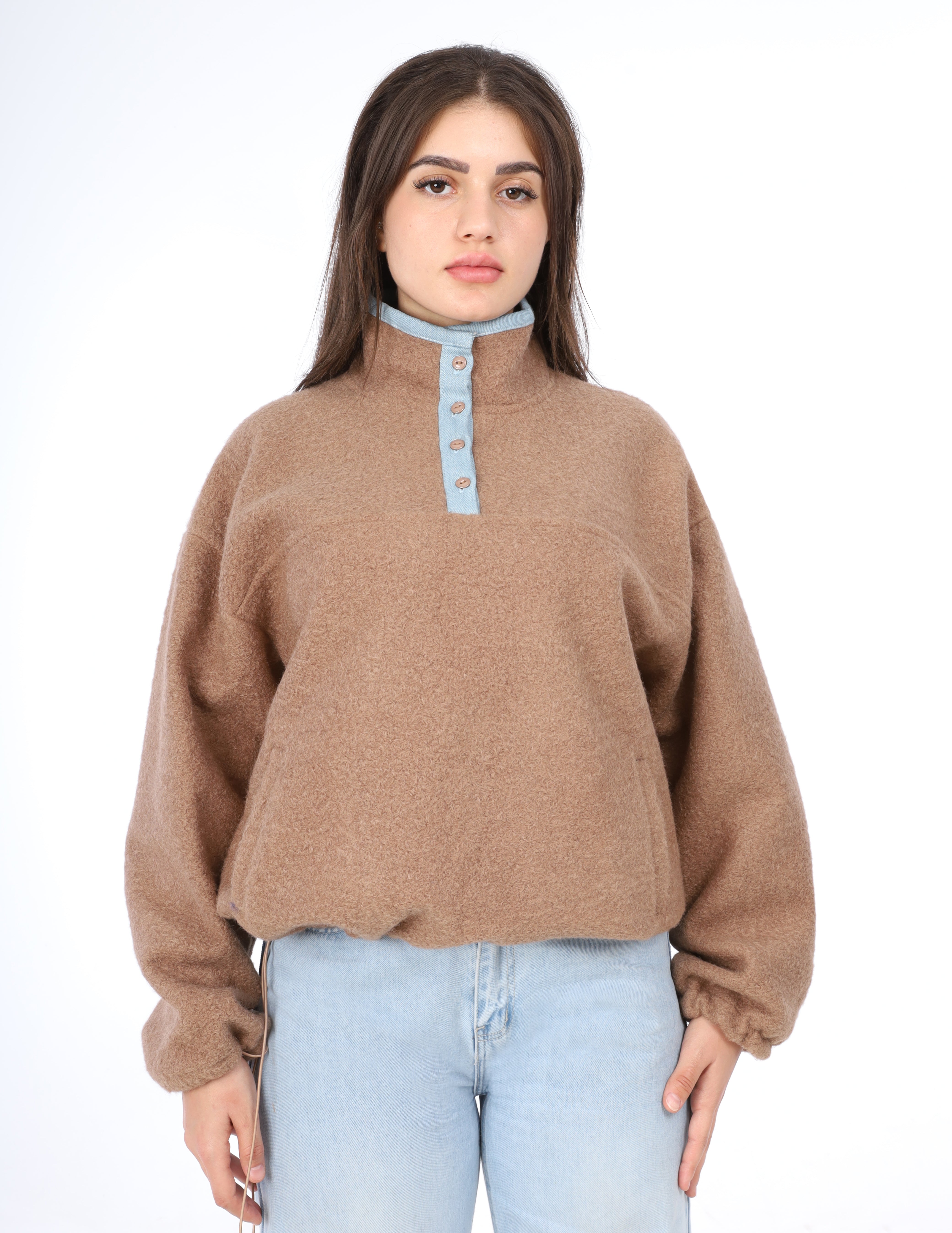 Contrast Button Fleece Pullover  w164969