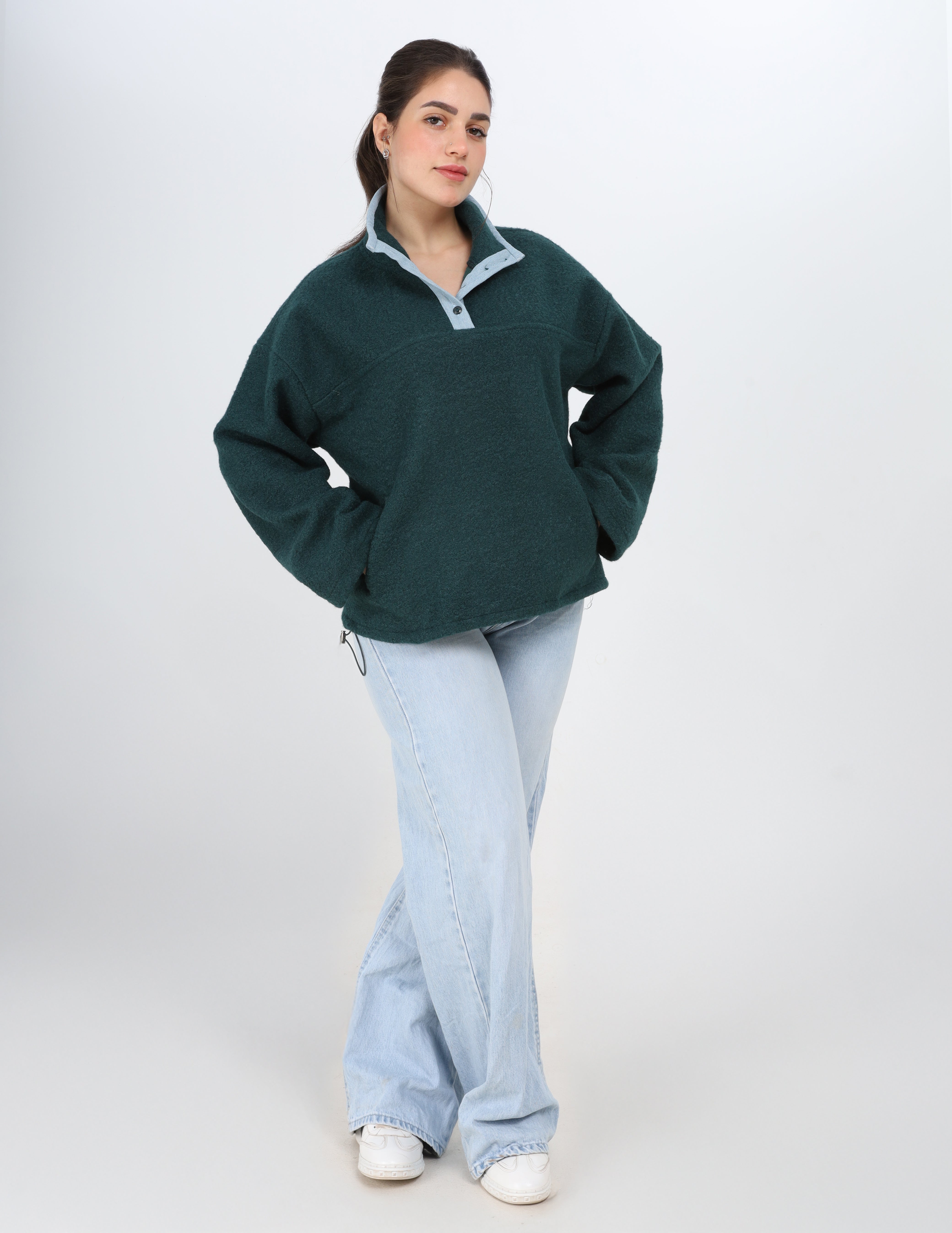 Contrast Button Fleece Pullover  w164969