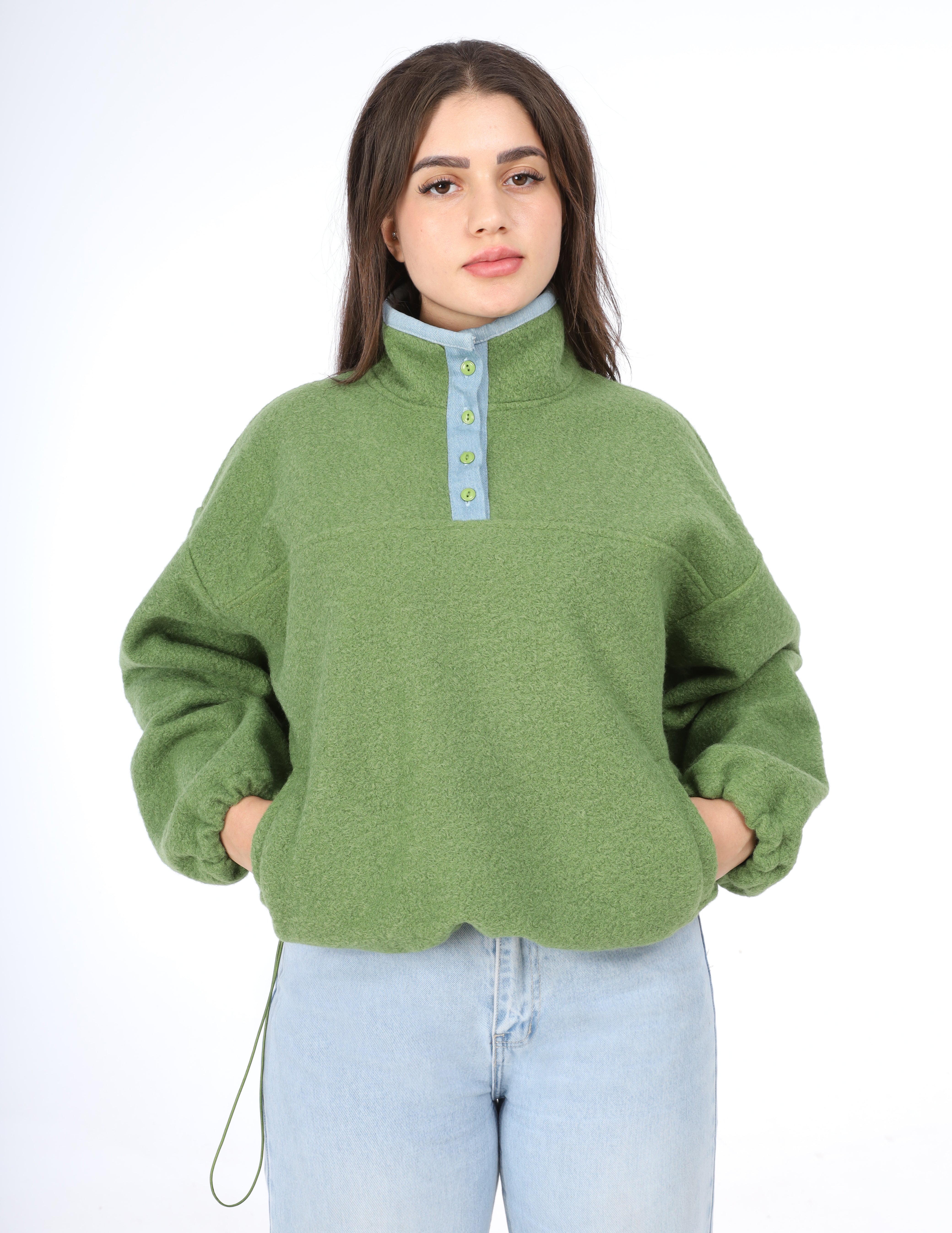 Contrast Button Fleece Pullover  w164969