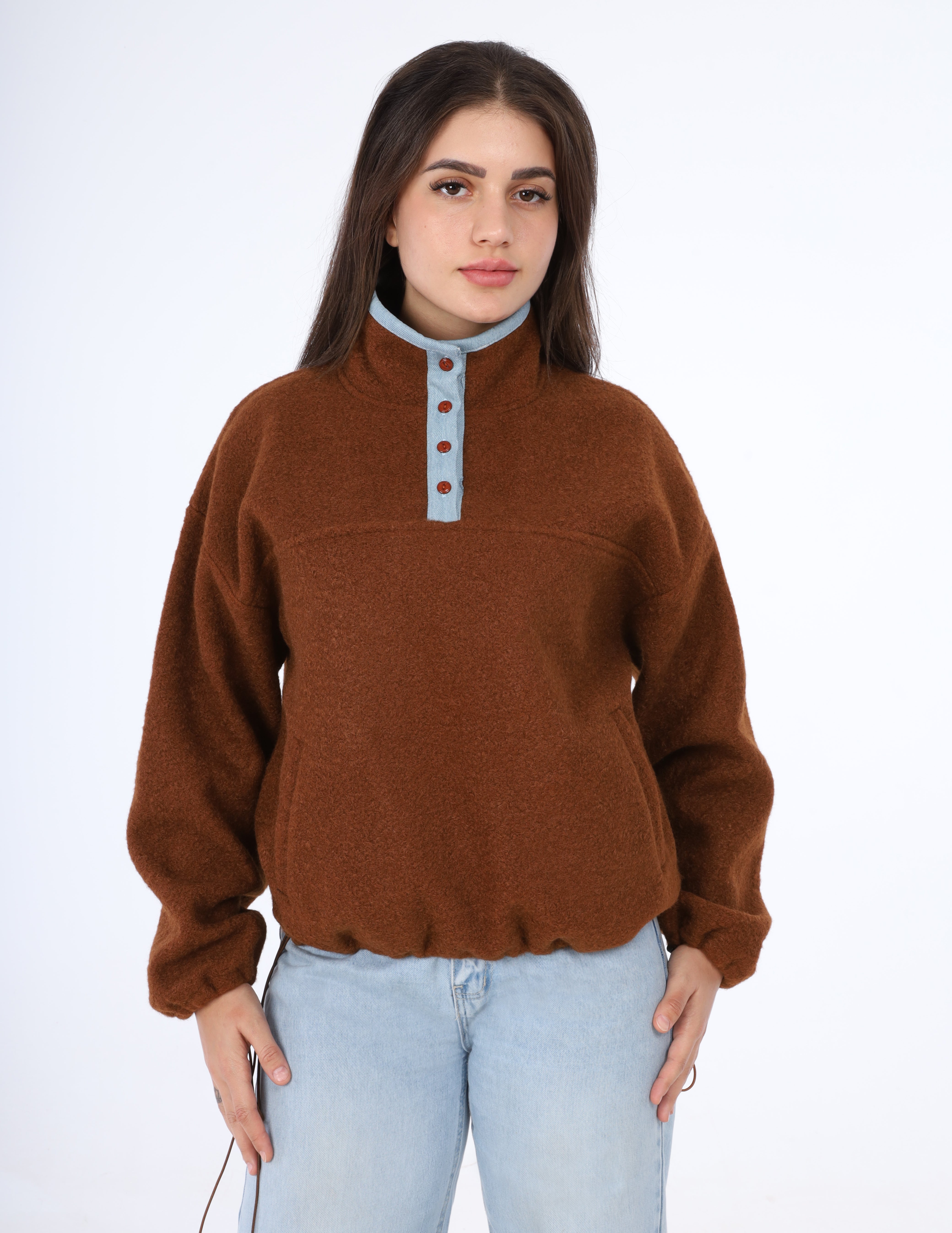 Contrast Button Fleece Pullover  w164969