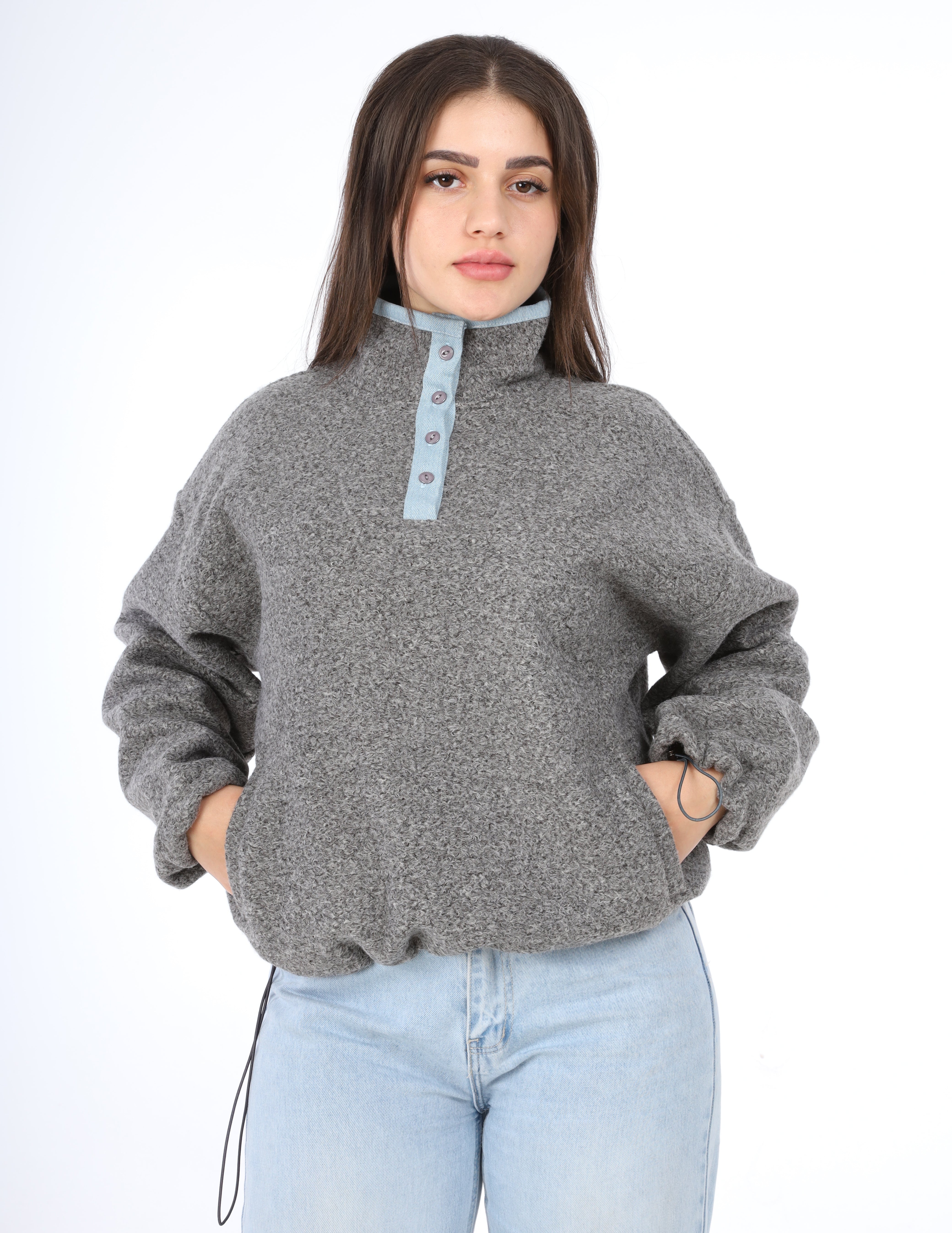 Contrast Button Fleece Pullover  w164969
