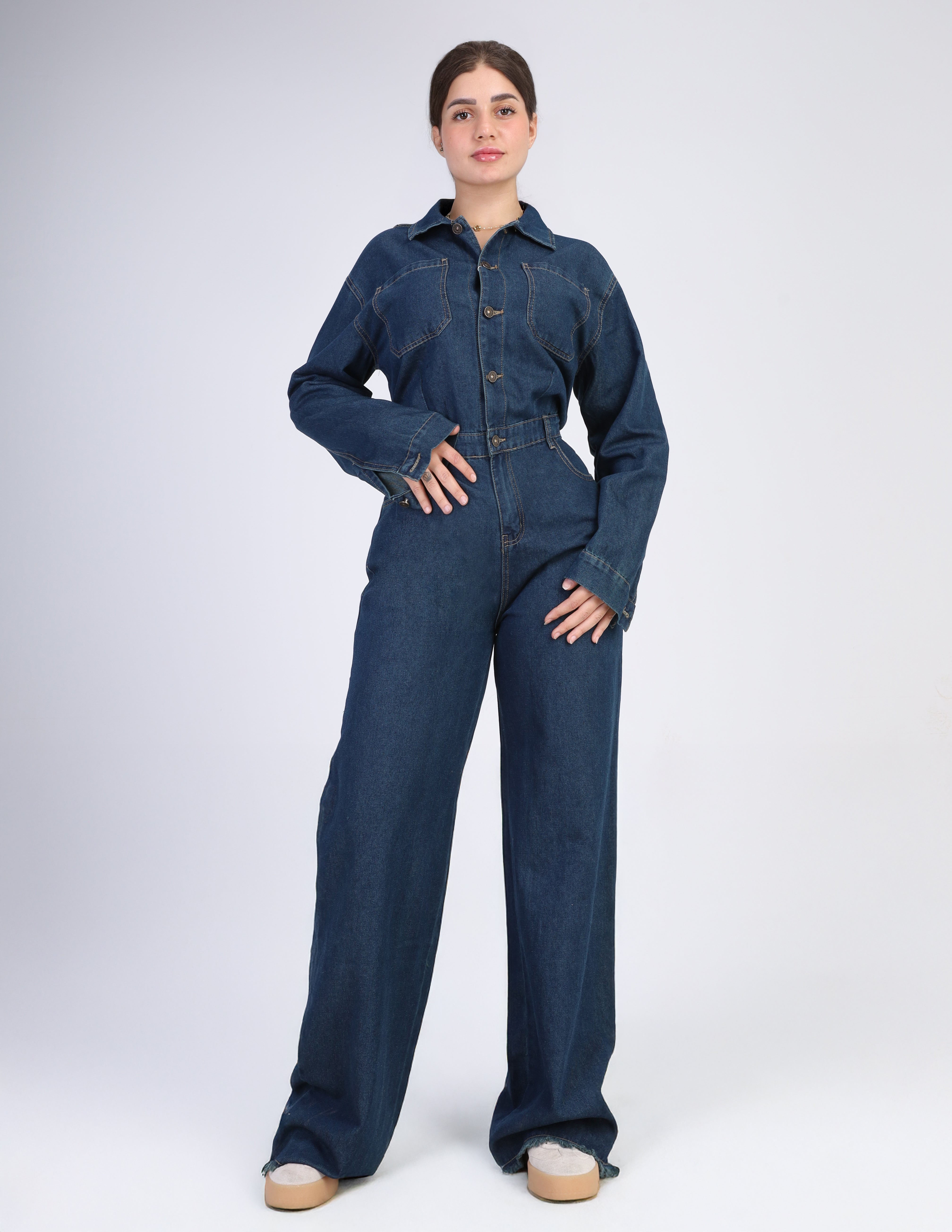 Long-Sleeve Denim Jumpsuit w1651166