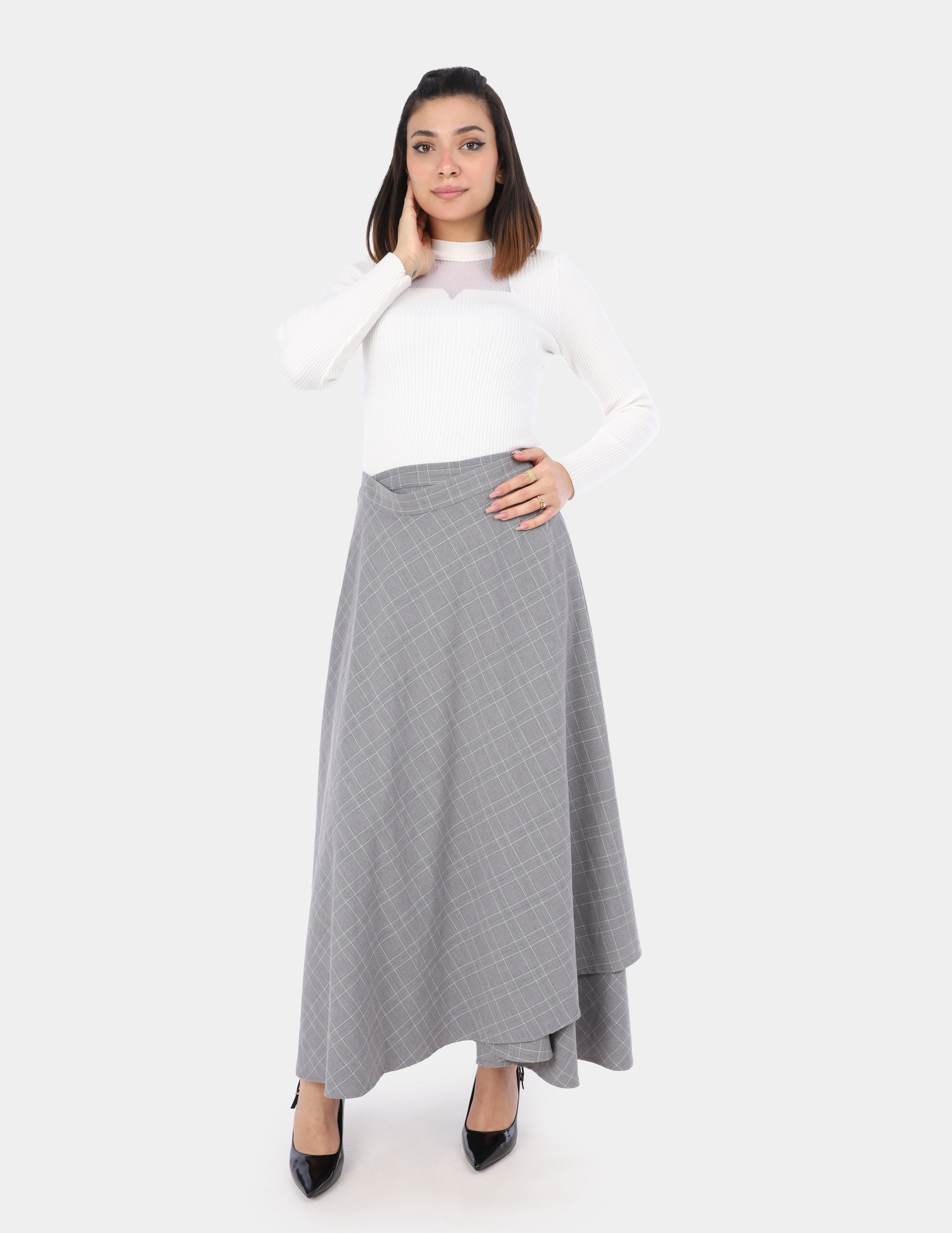 Long Side-Wrap Wide Plaid Skirt w169111121