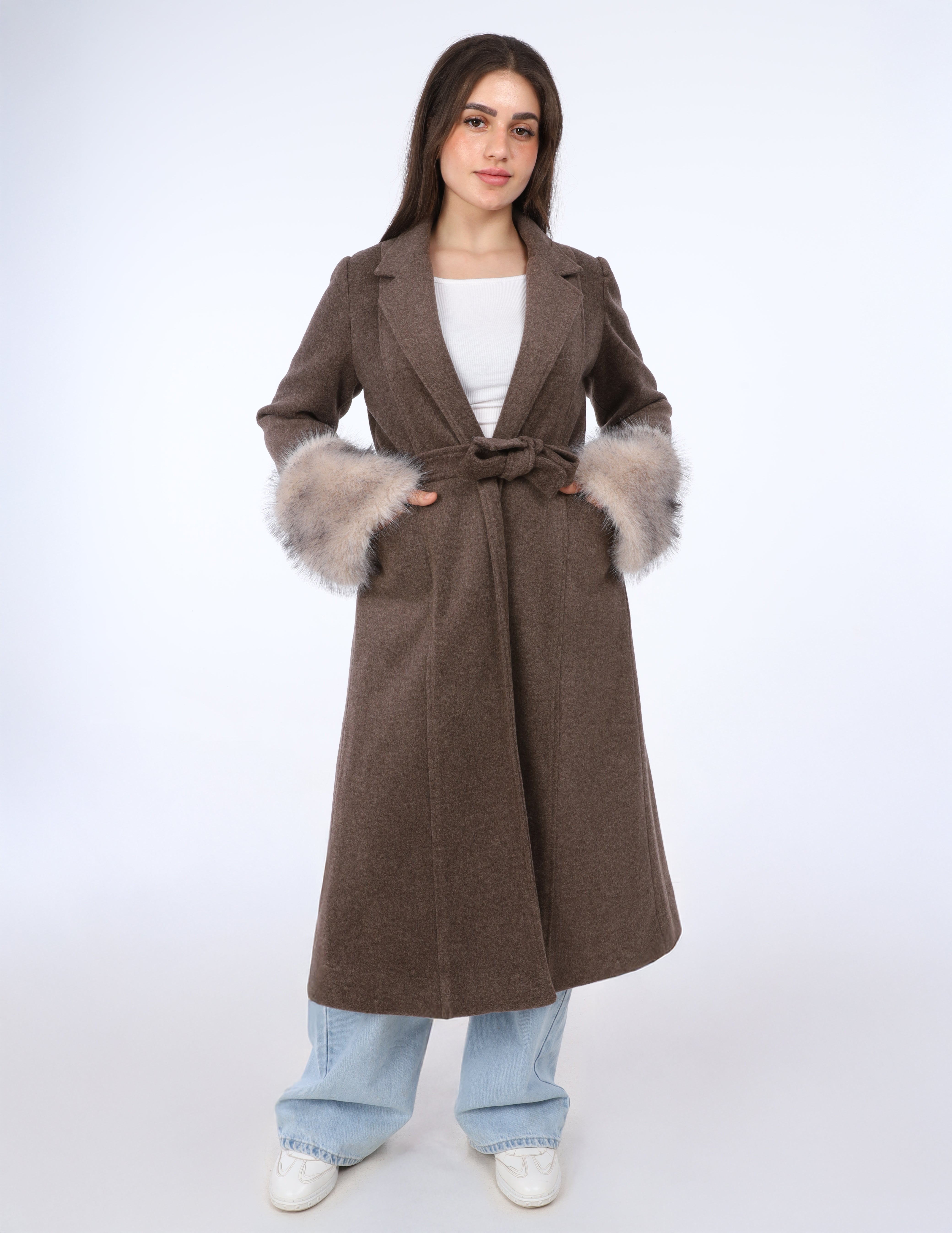 Faux Fur Cuff Belted Long Coat w169130701