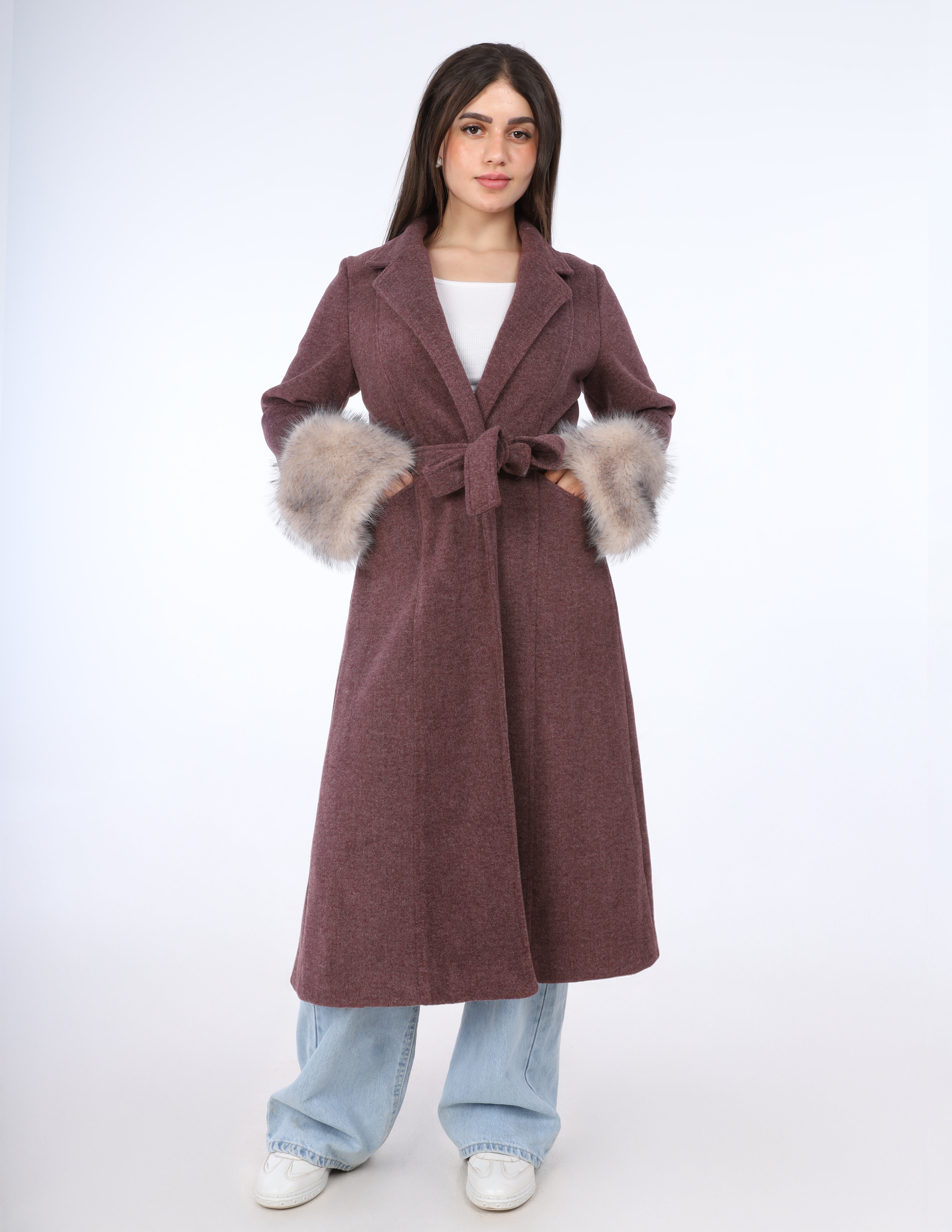 Faux Fur Cuff Belted Long Coat w169130701