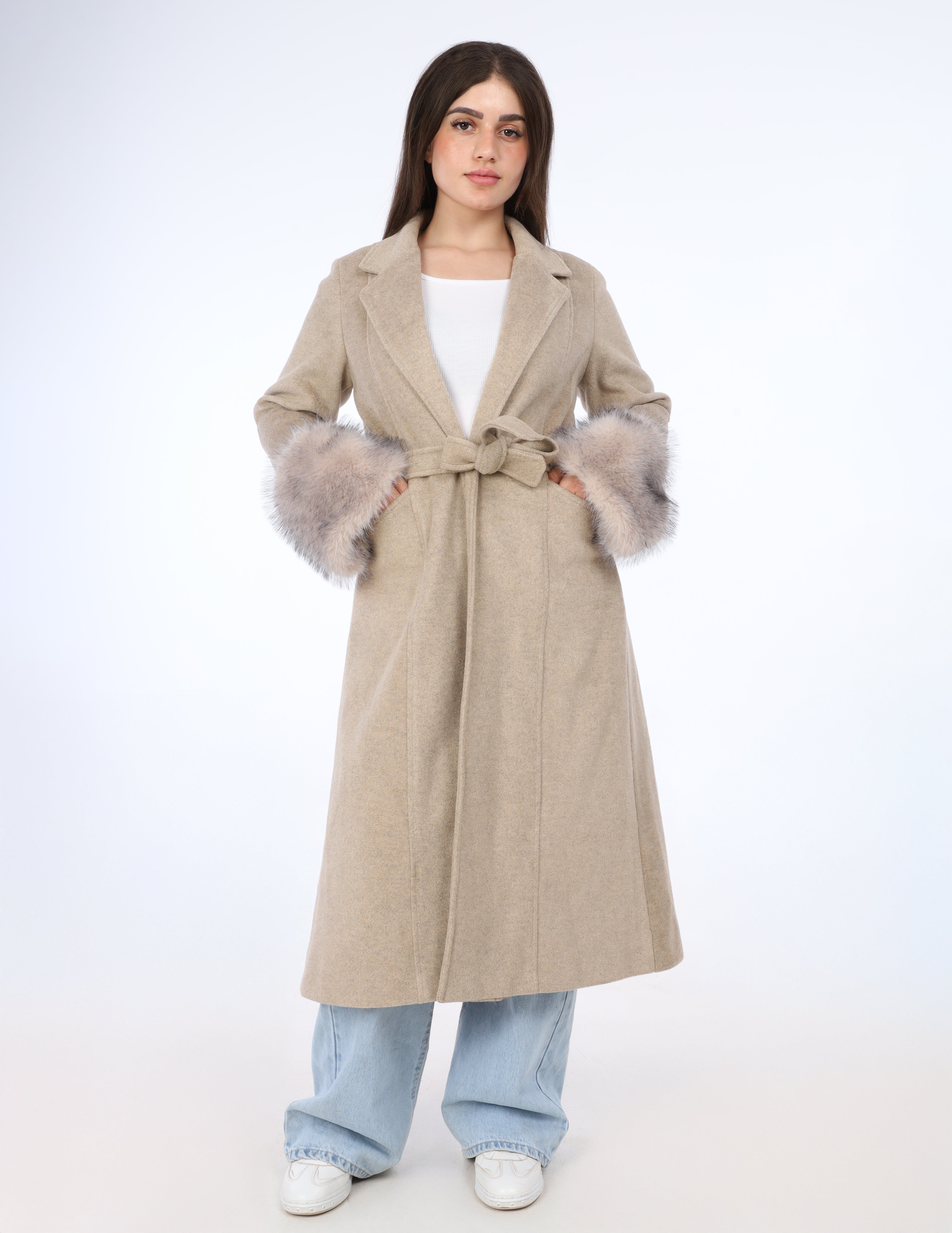 Faux Fur Cuff Belted Long Coat w169130701
