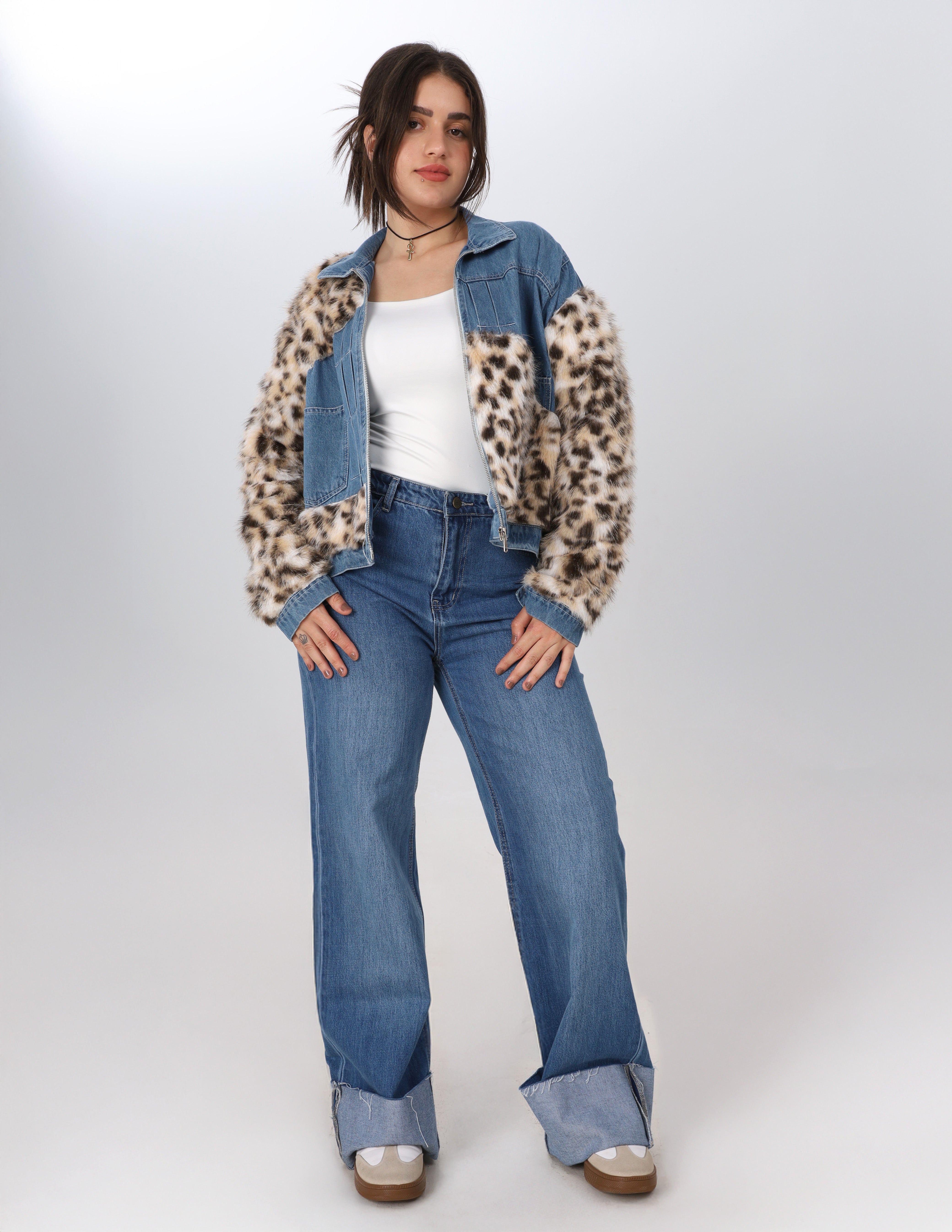 Denim & Faux Fur Leopard Jacket w1691333