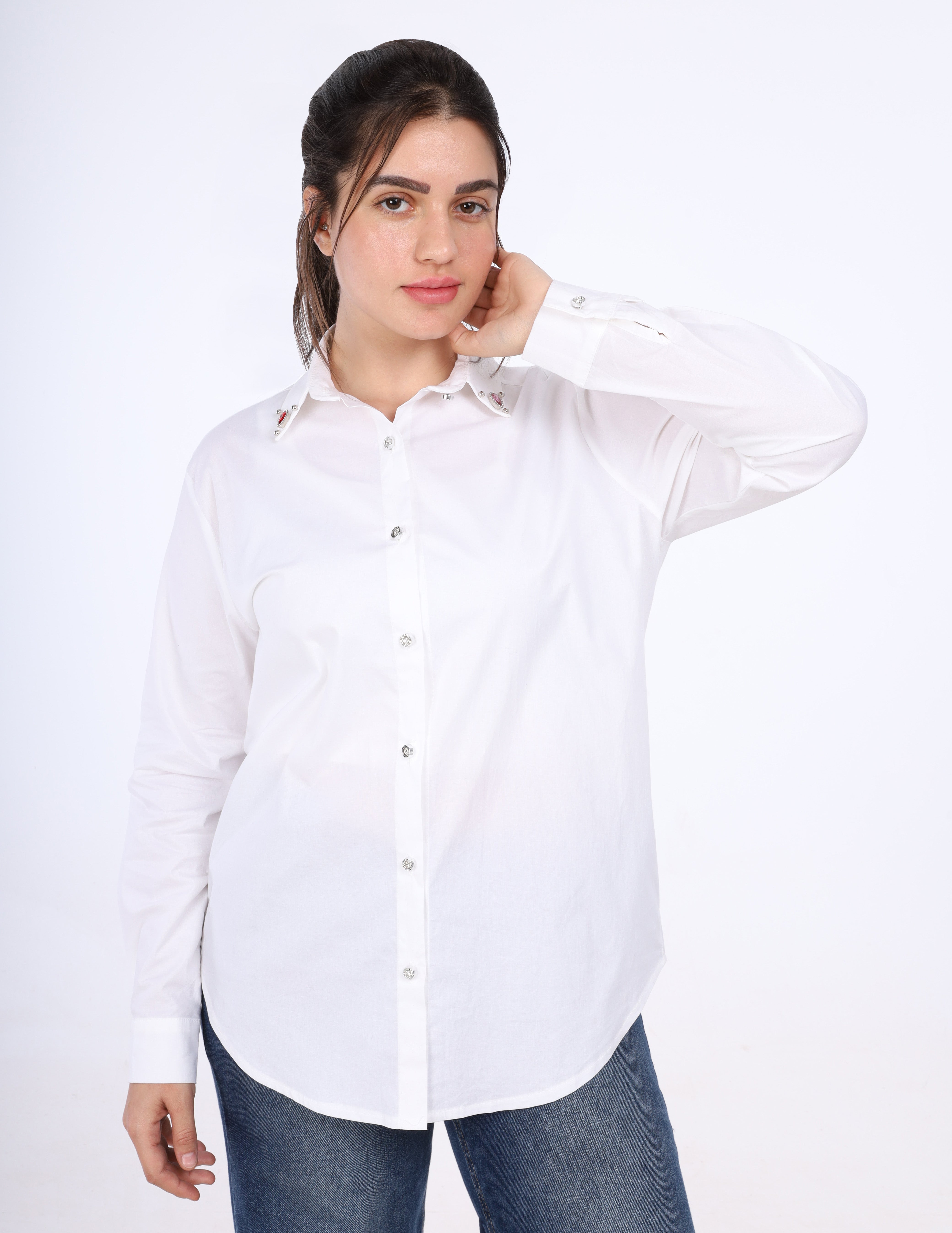 White Embellished Collar Shirt w169150702