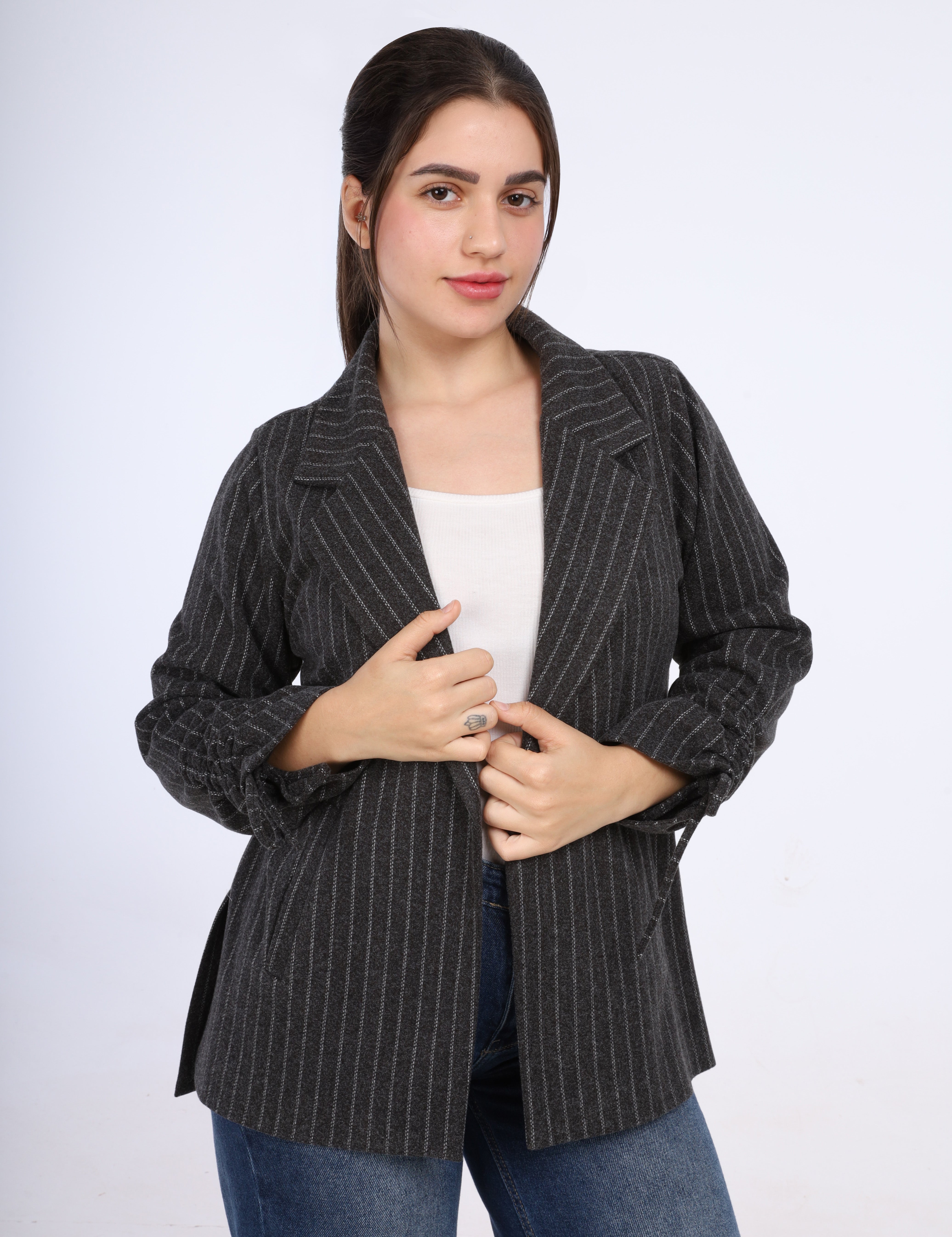 Striped Blazer with Ruffled Sleeves w169190951