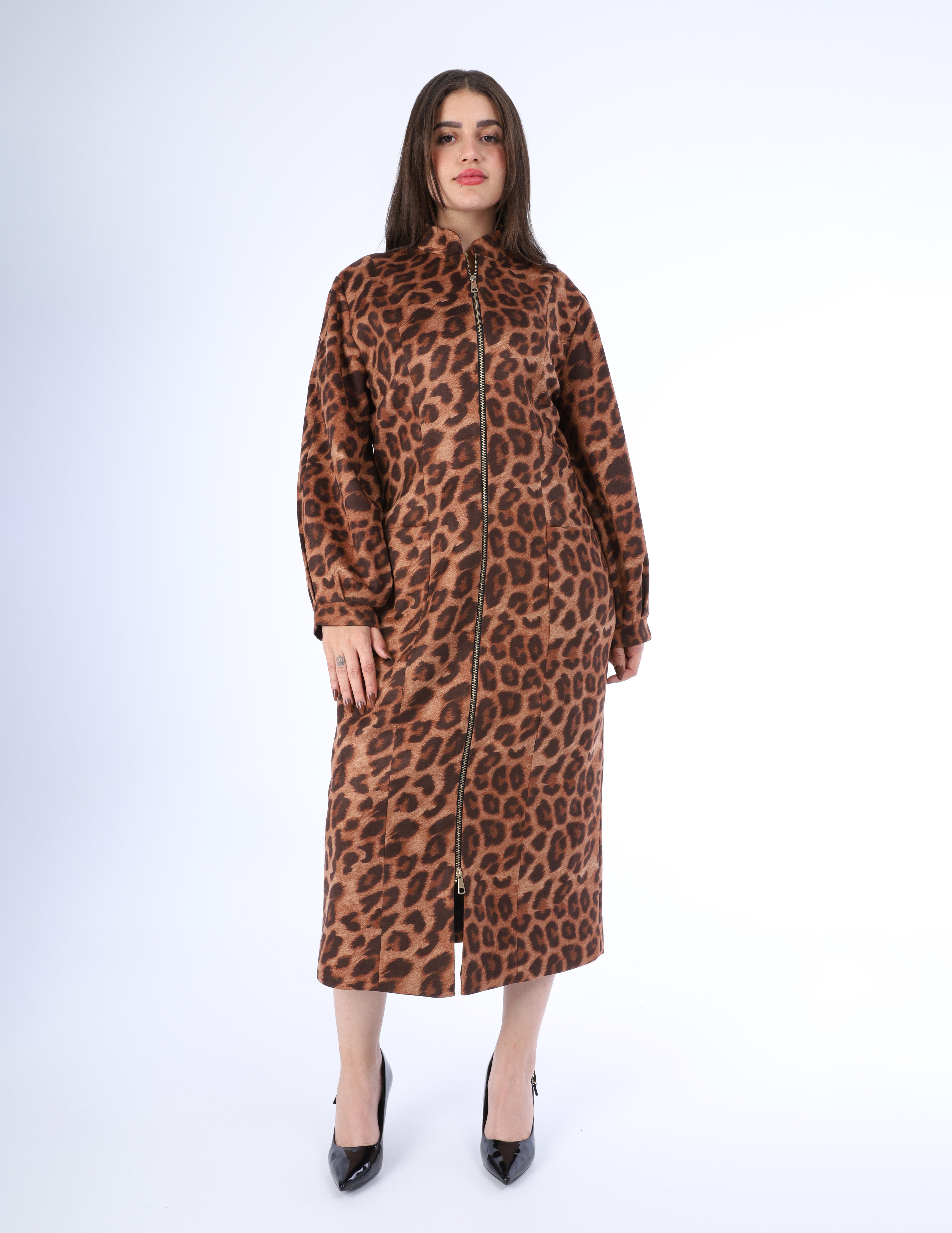 Zip‑Up Leopard Print Midi Dress w169210006