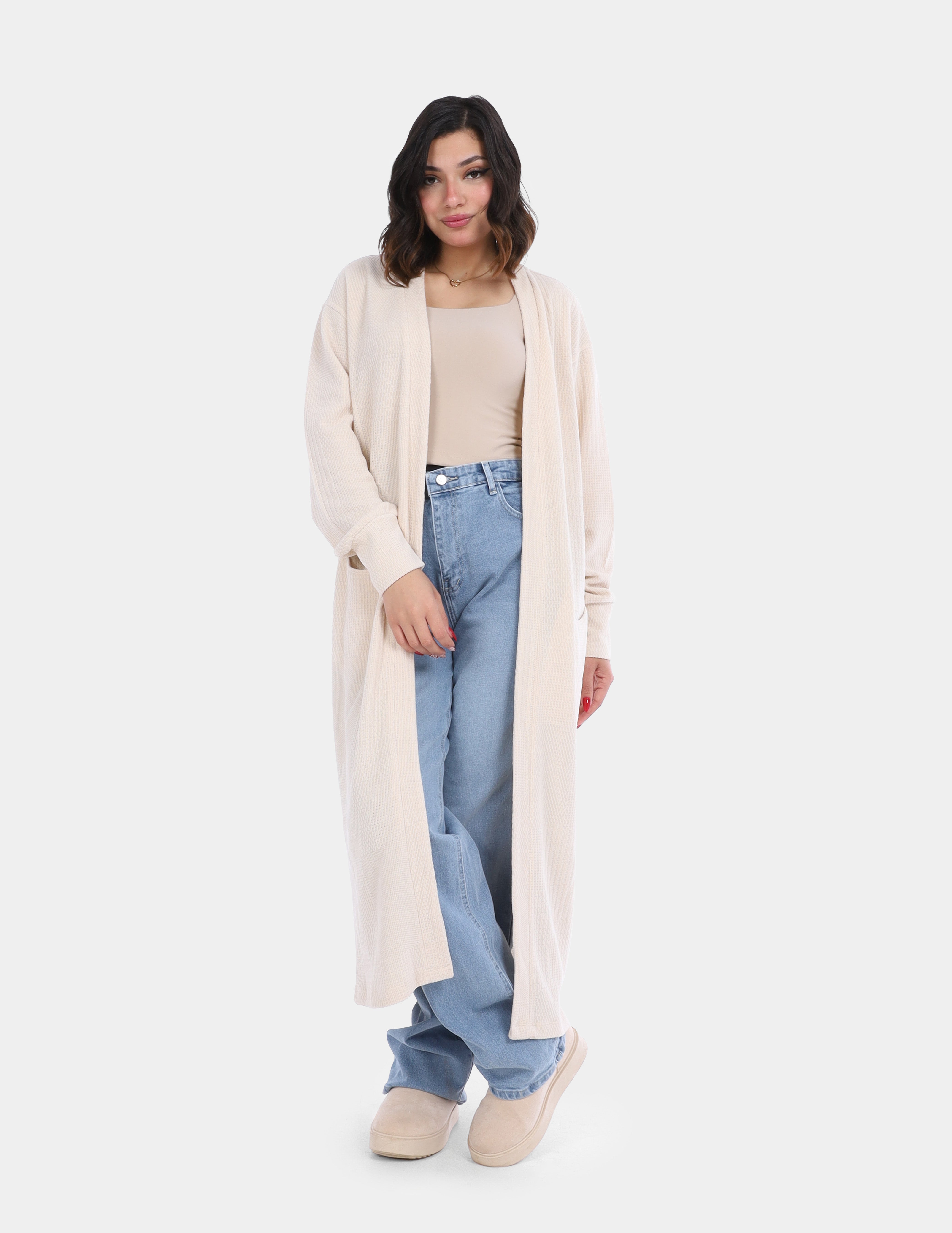Long Open-Front Knit Cardigan with Pockets w169210007