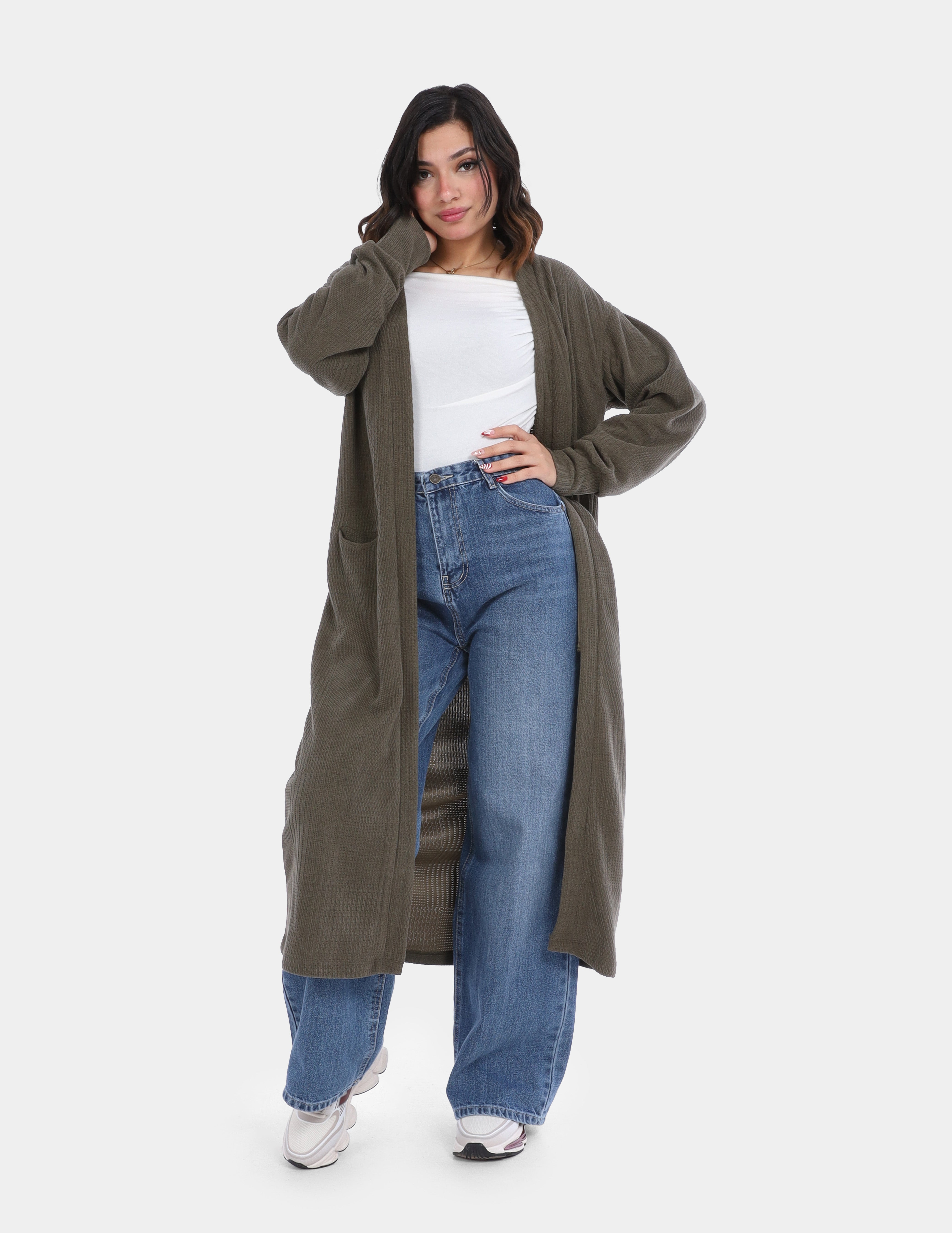 Long Open-Front Knit Cardigan with Pockets w169210007