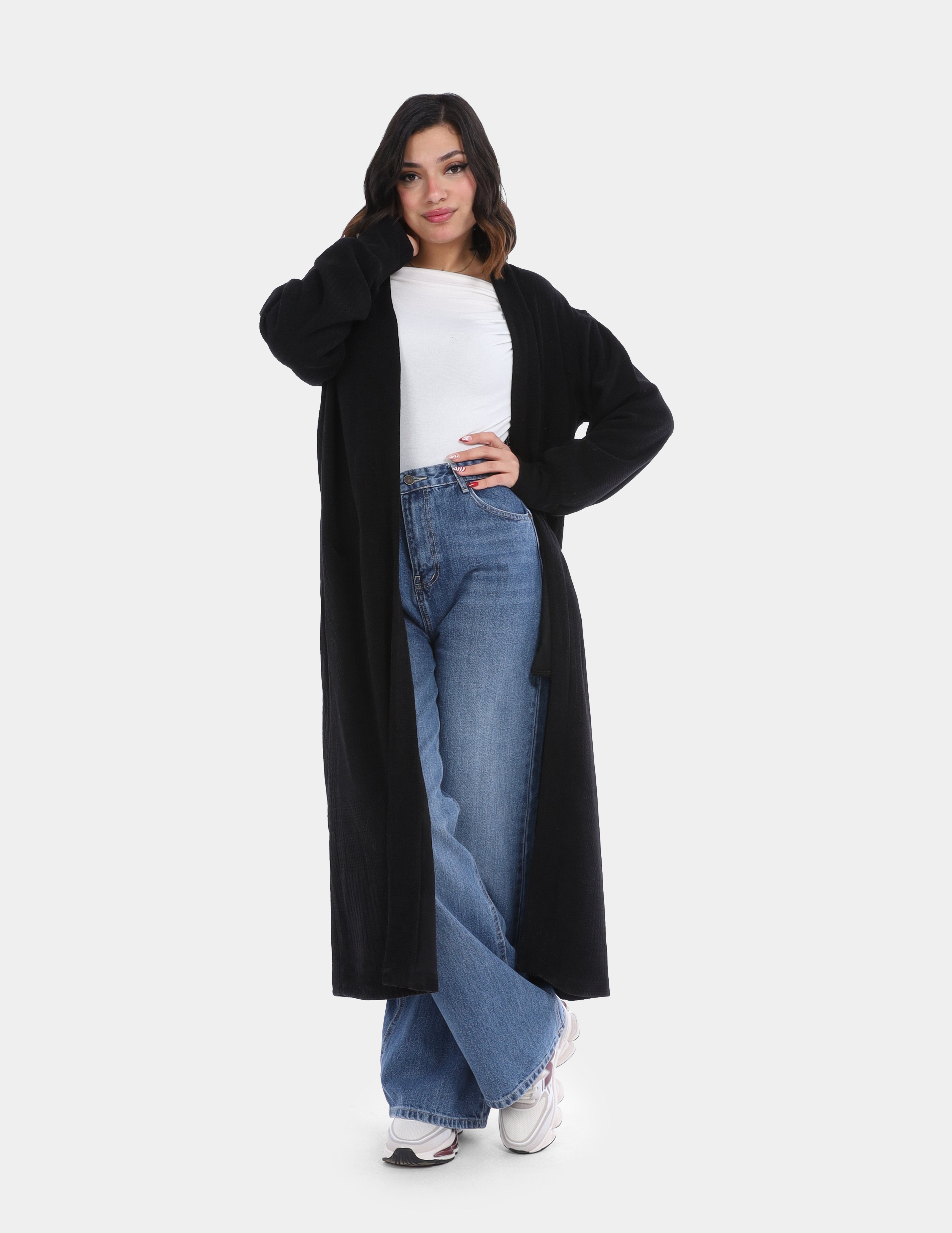 Long Open-Front Knit Cardigan with Pockets w169210007