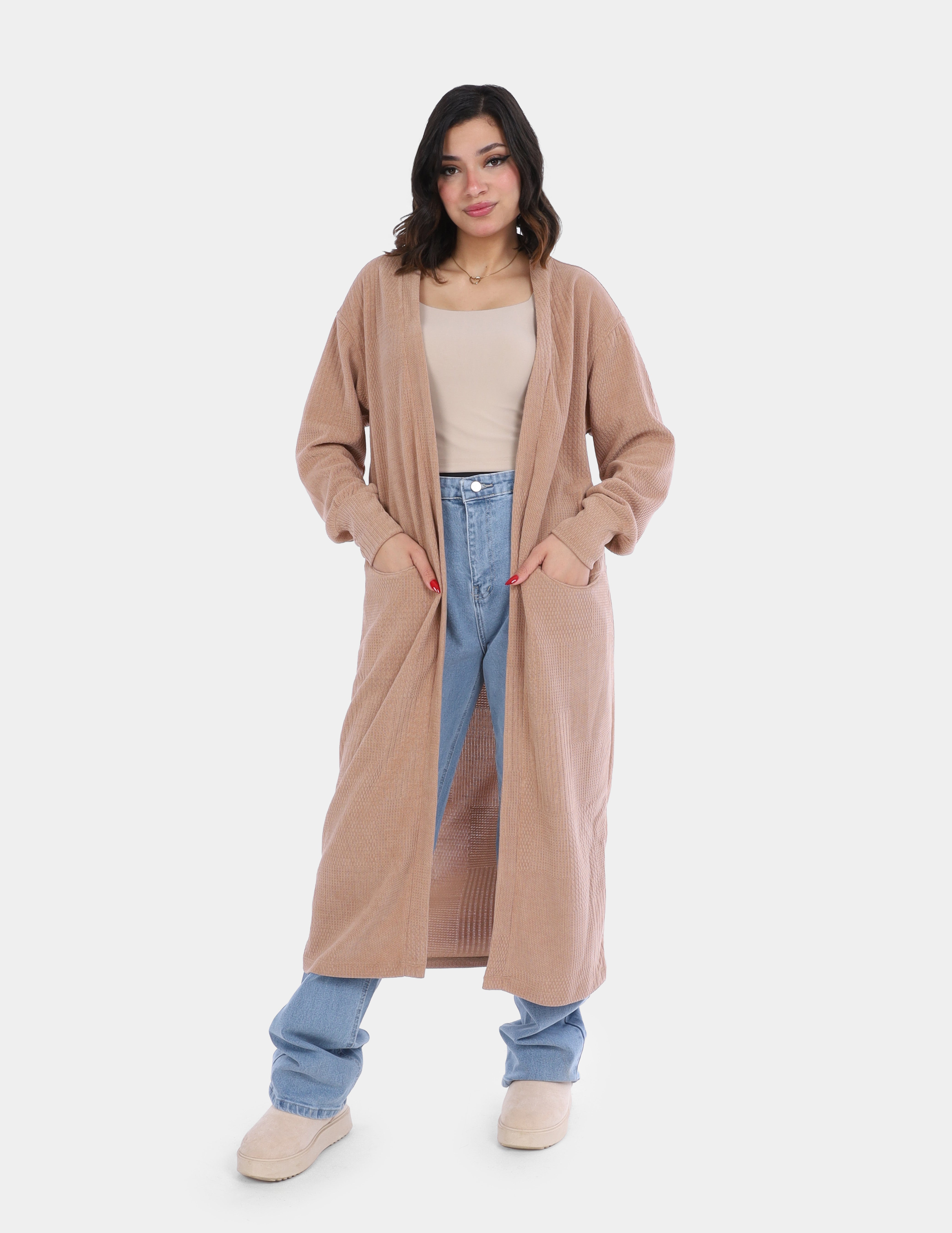 Long Open-Front Knit Cardigan with Pockets w169210007