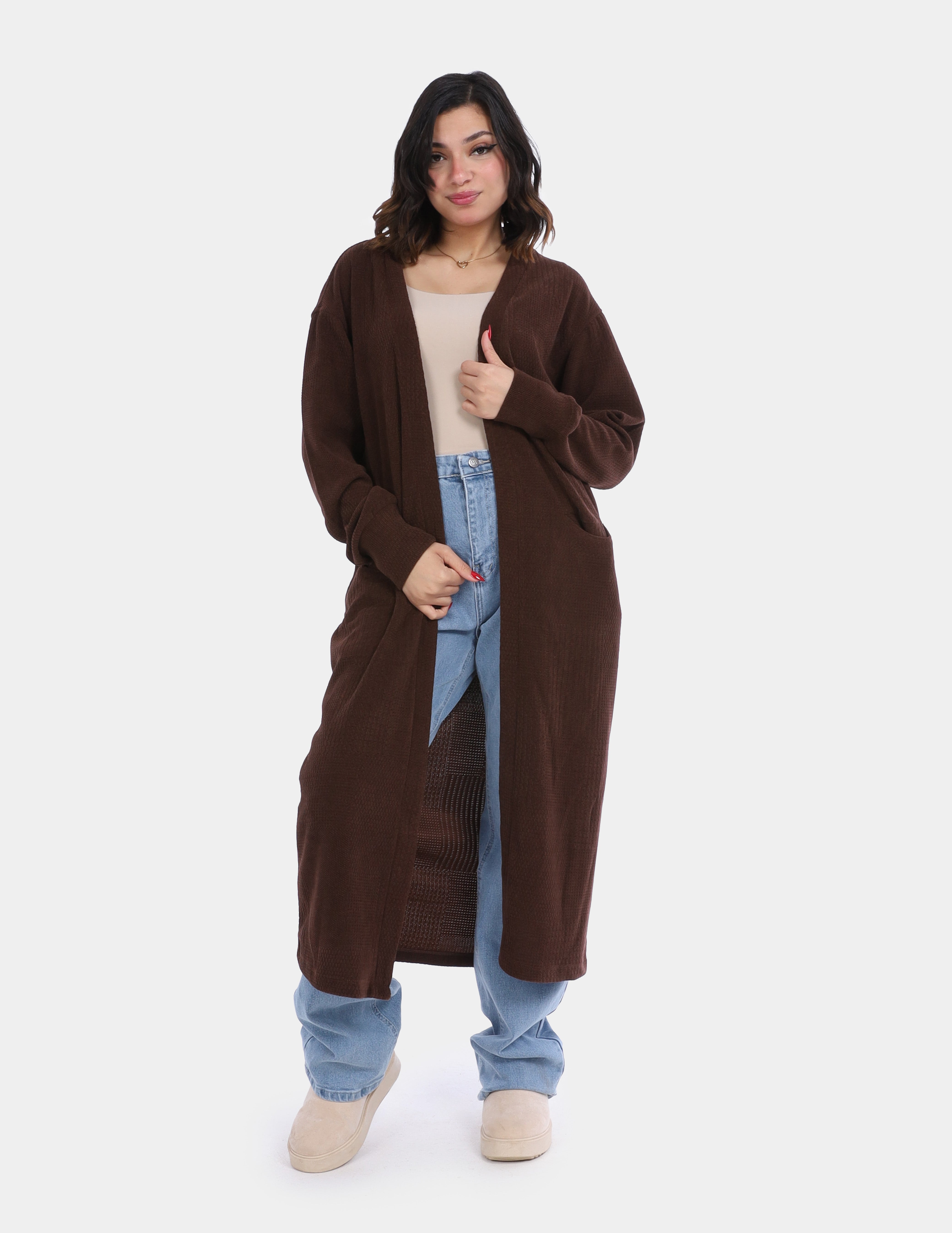 Long Open-Front Knit Cardigan with Pockets w169210007