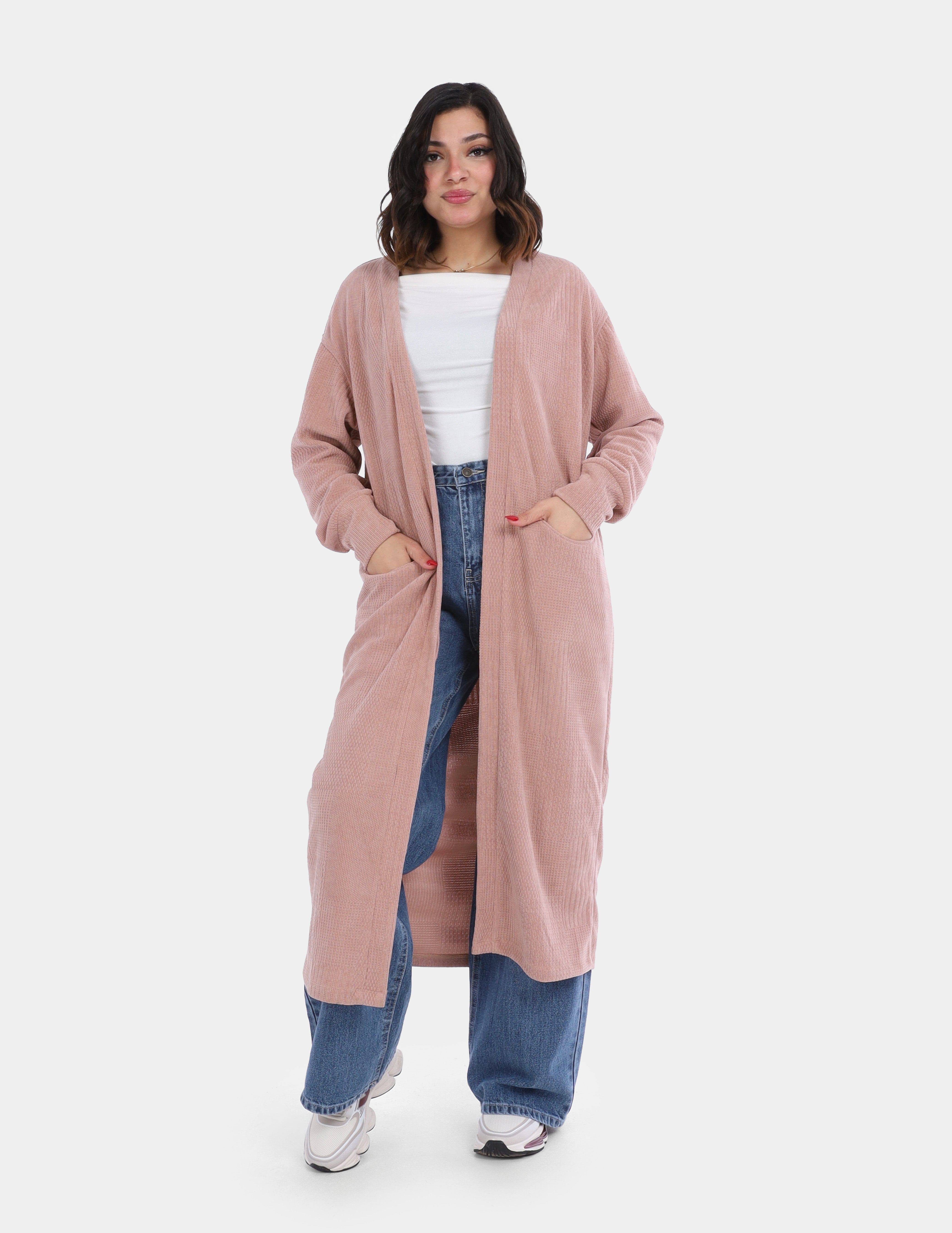 Long Open-Front Knit Cardigan with Pockets w169210007