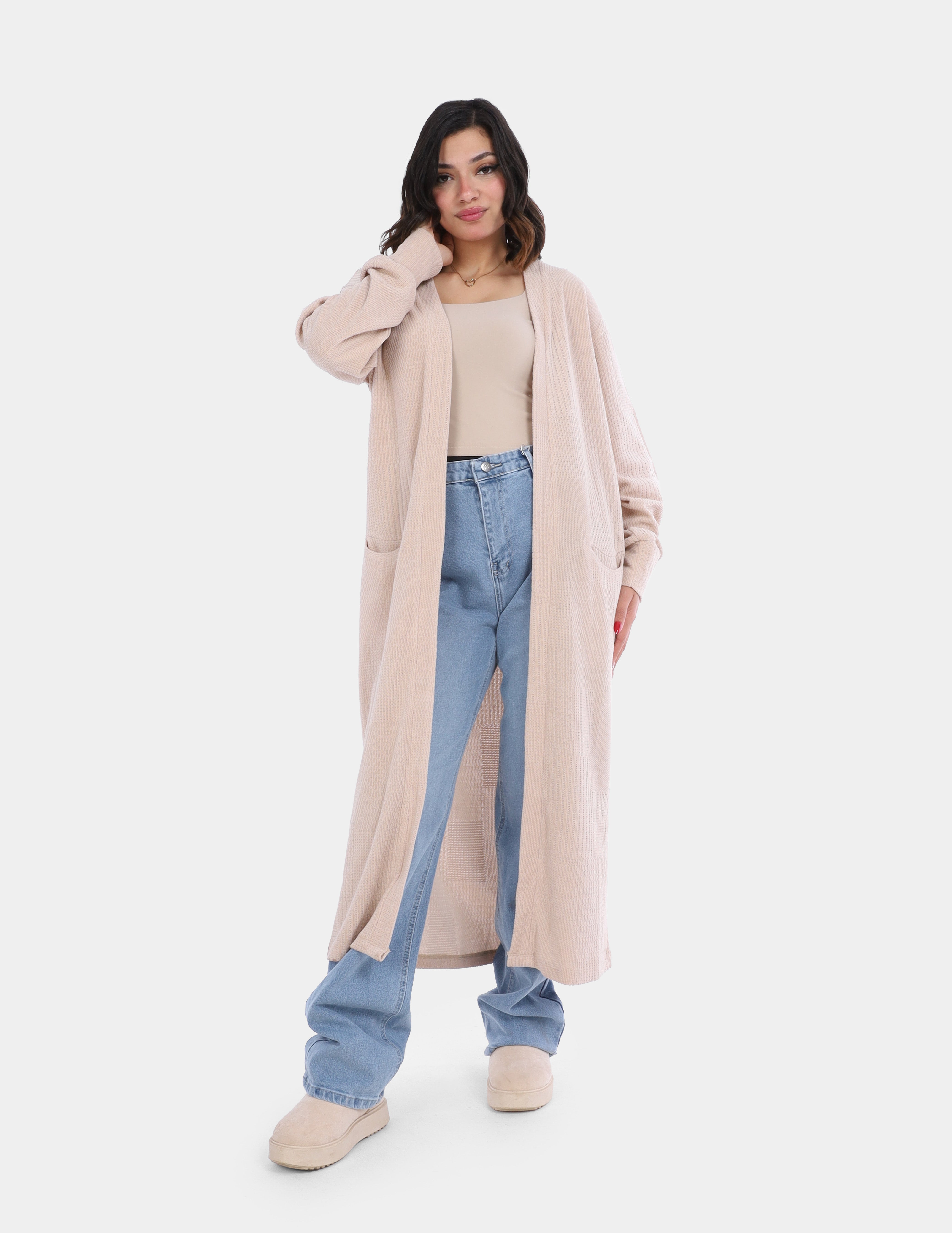 Long Open-Front Knit Cardigan with Pockets w169210007