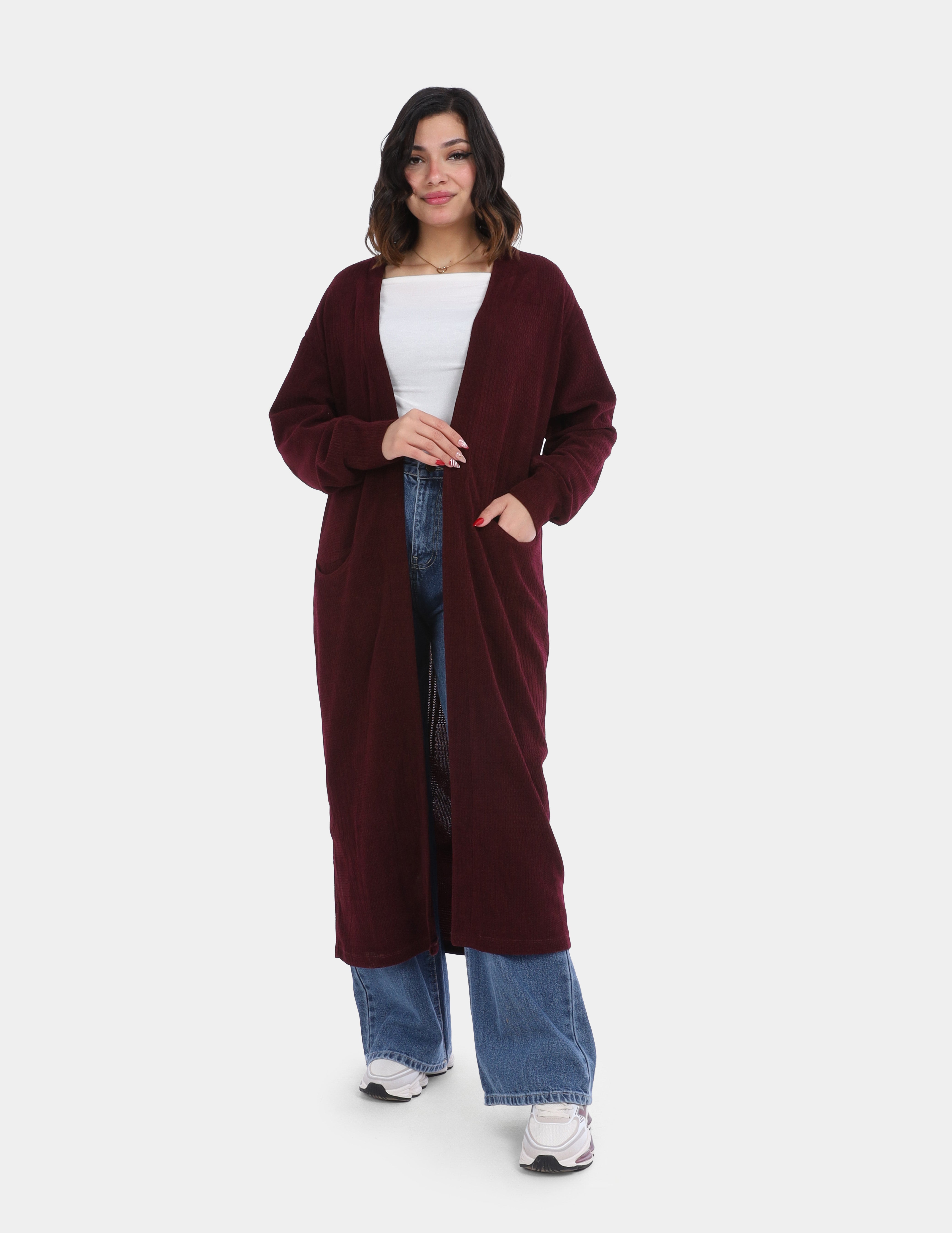 Long Open-Front Knit Cardigan with Pockets w169210007