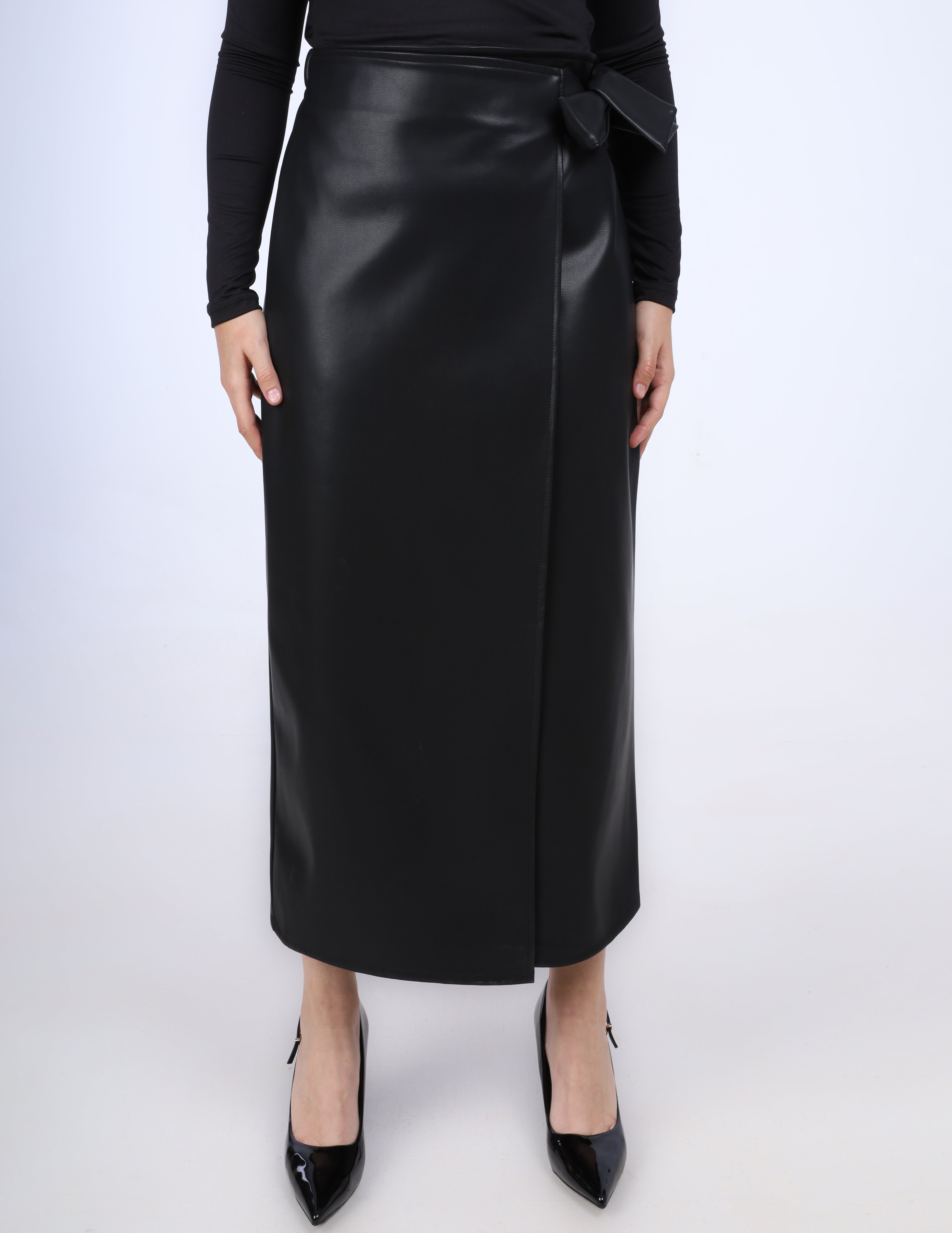Faux Leather Wrap Maxi Skirt w169220001