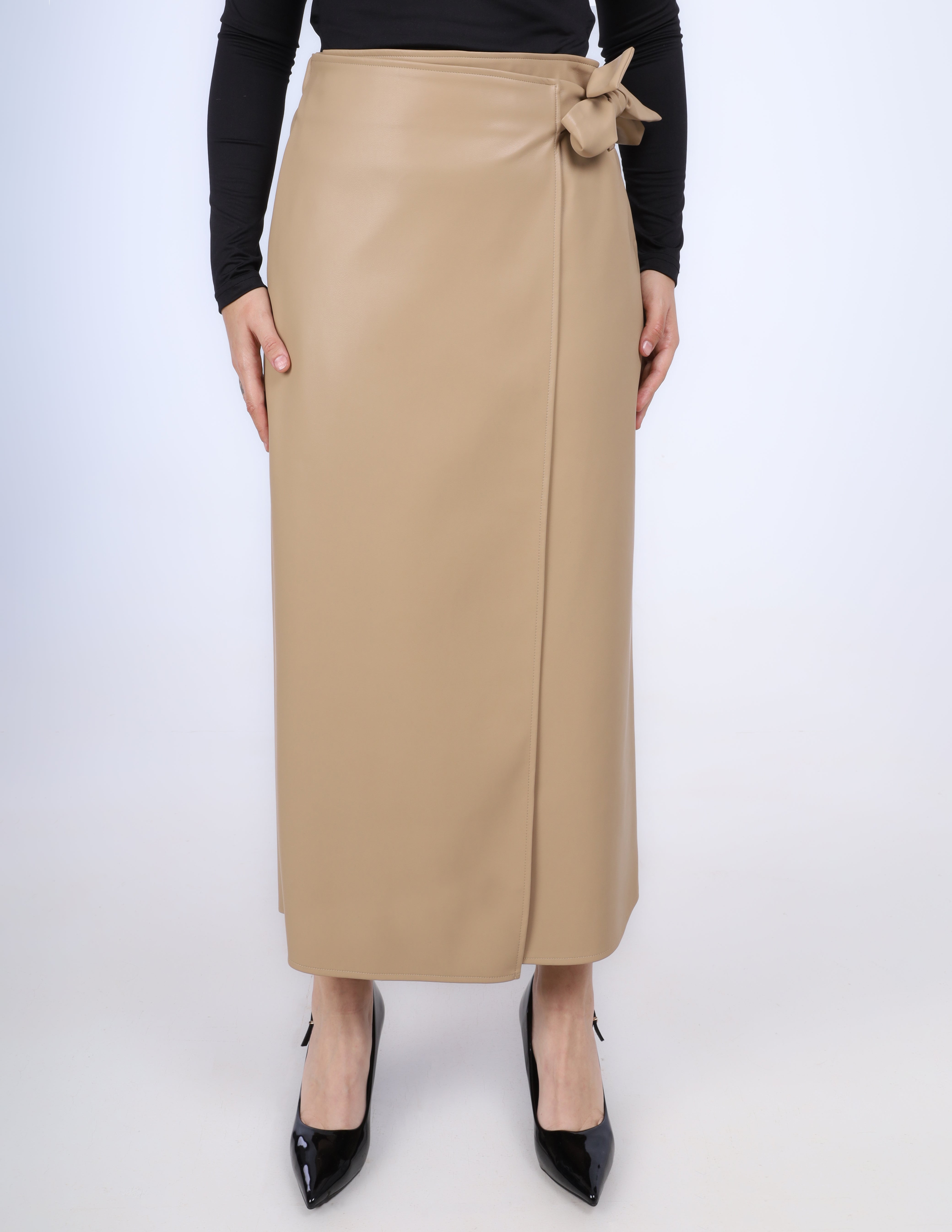Faux Leather Wrap Maxi Skirt w169220001