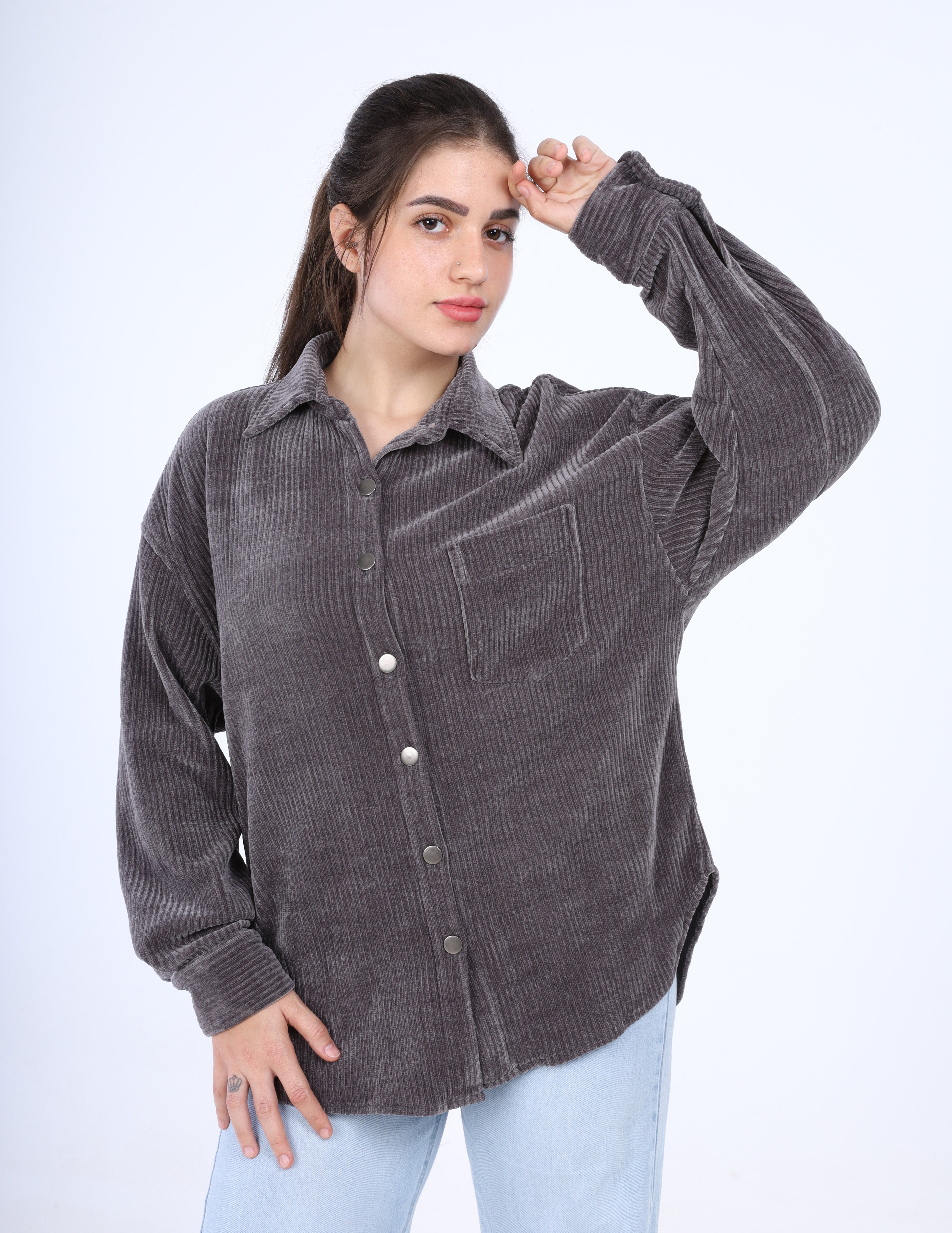 Casual pleated velvet shirt w169230004