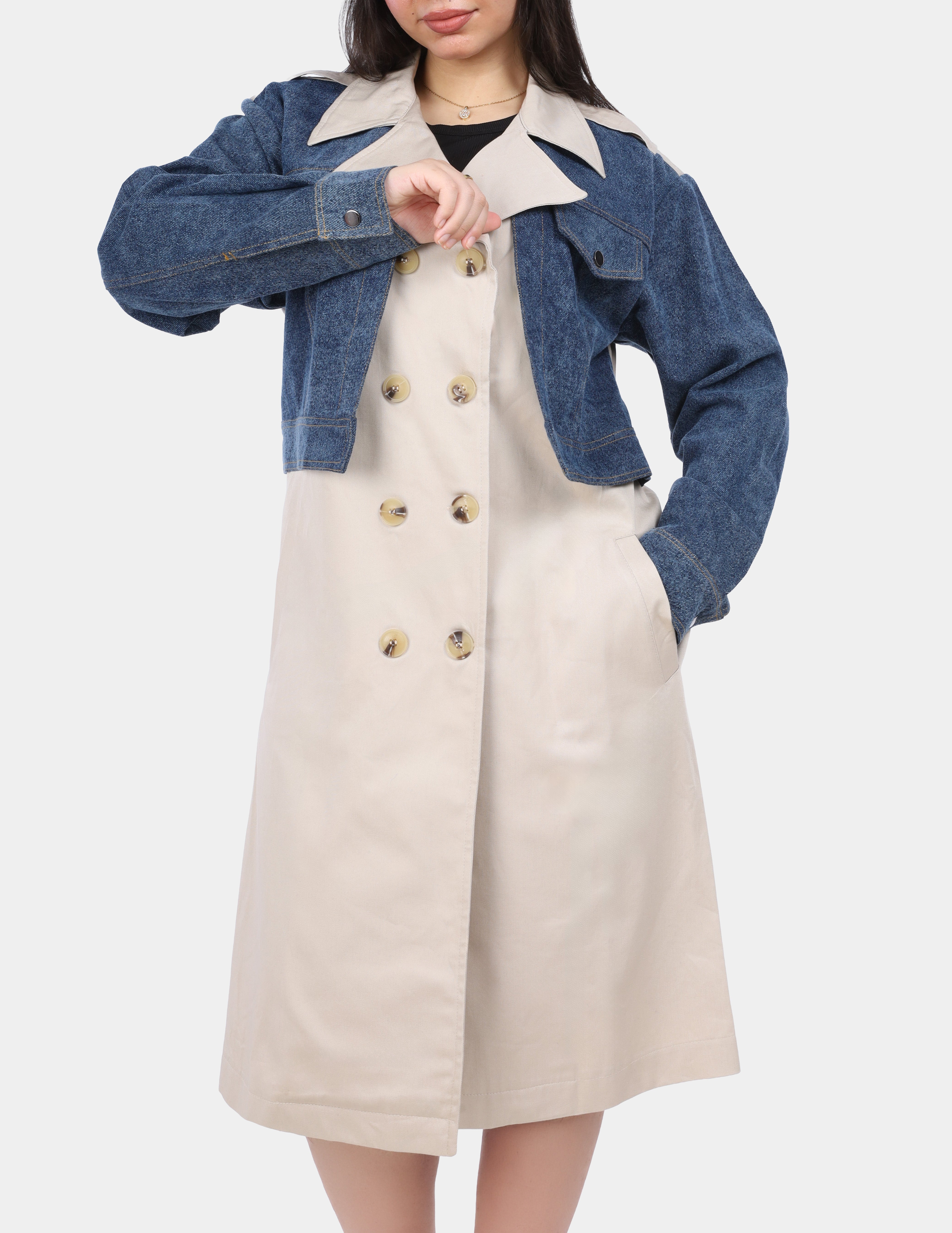 Layered Denim Cropped Jacket with Trench-Style Coat  w169240006