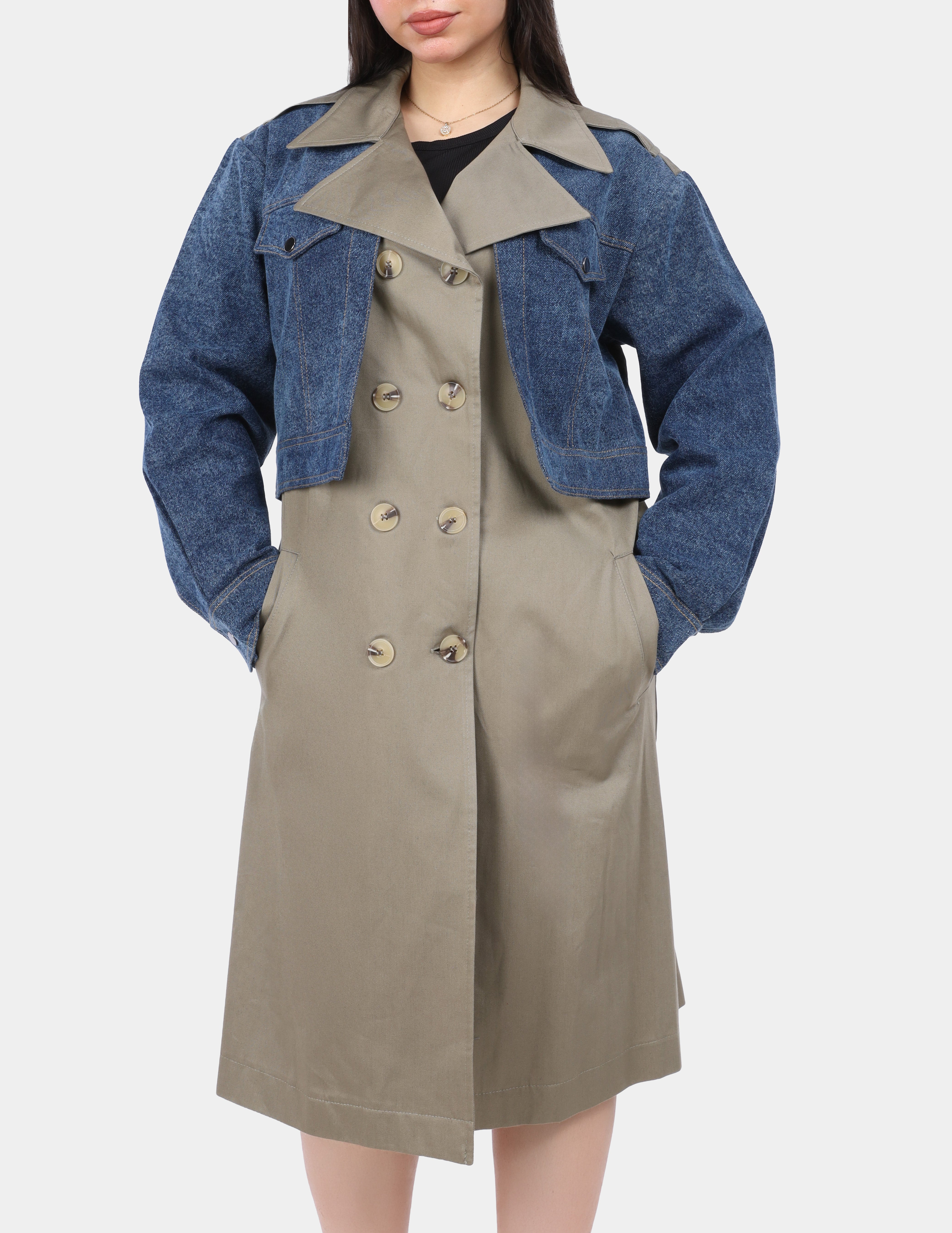 Layered Denim Cropped Jacket with Trench-Style Coat  w169240006