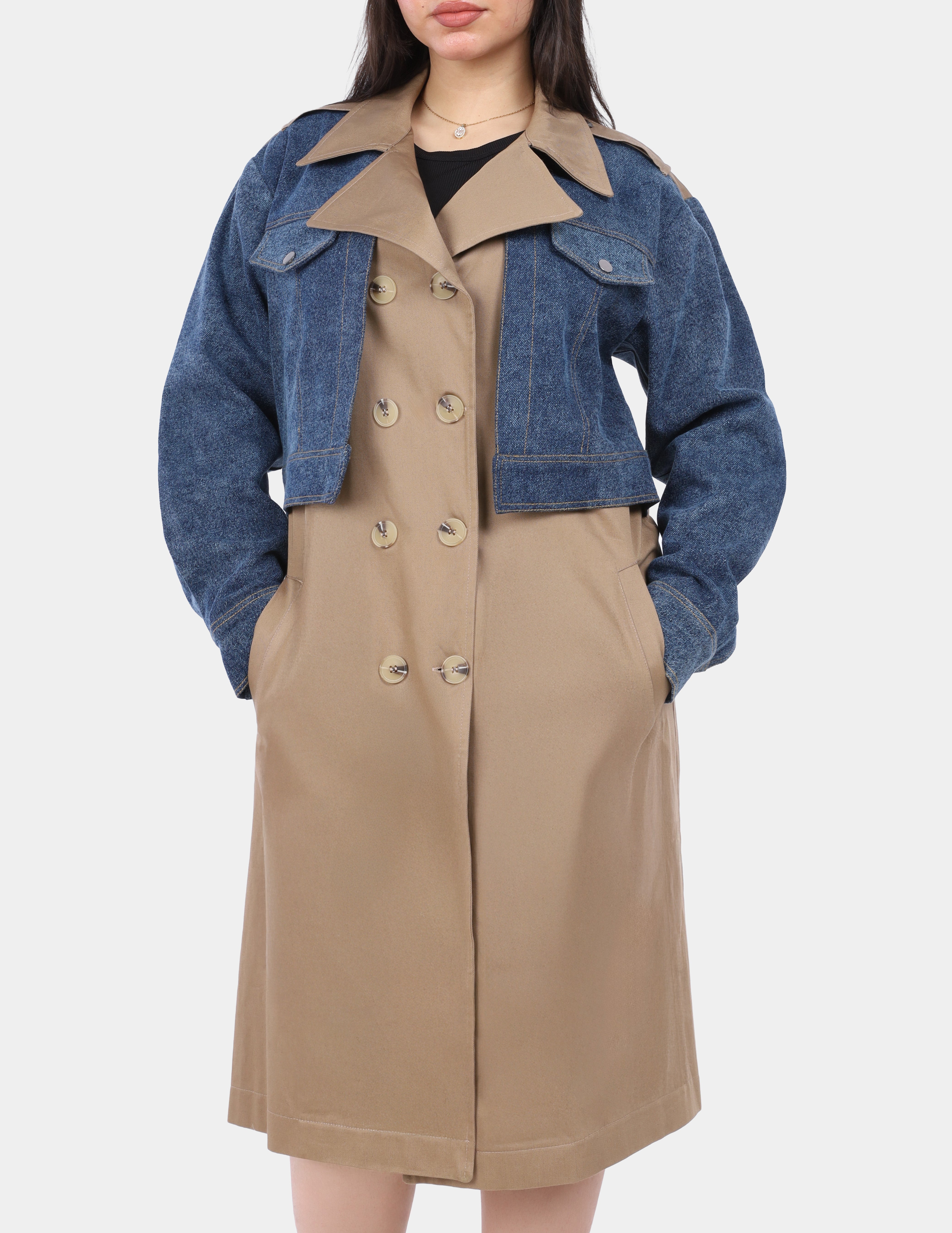 Layered Denim Cropped Jacket with Trench-Style Coat  w169240006