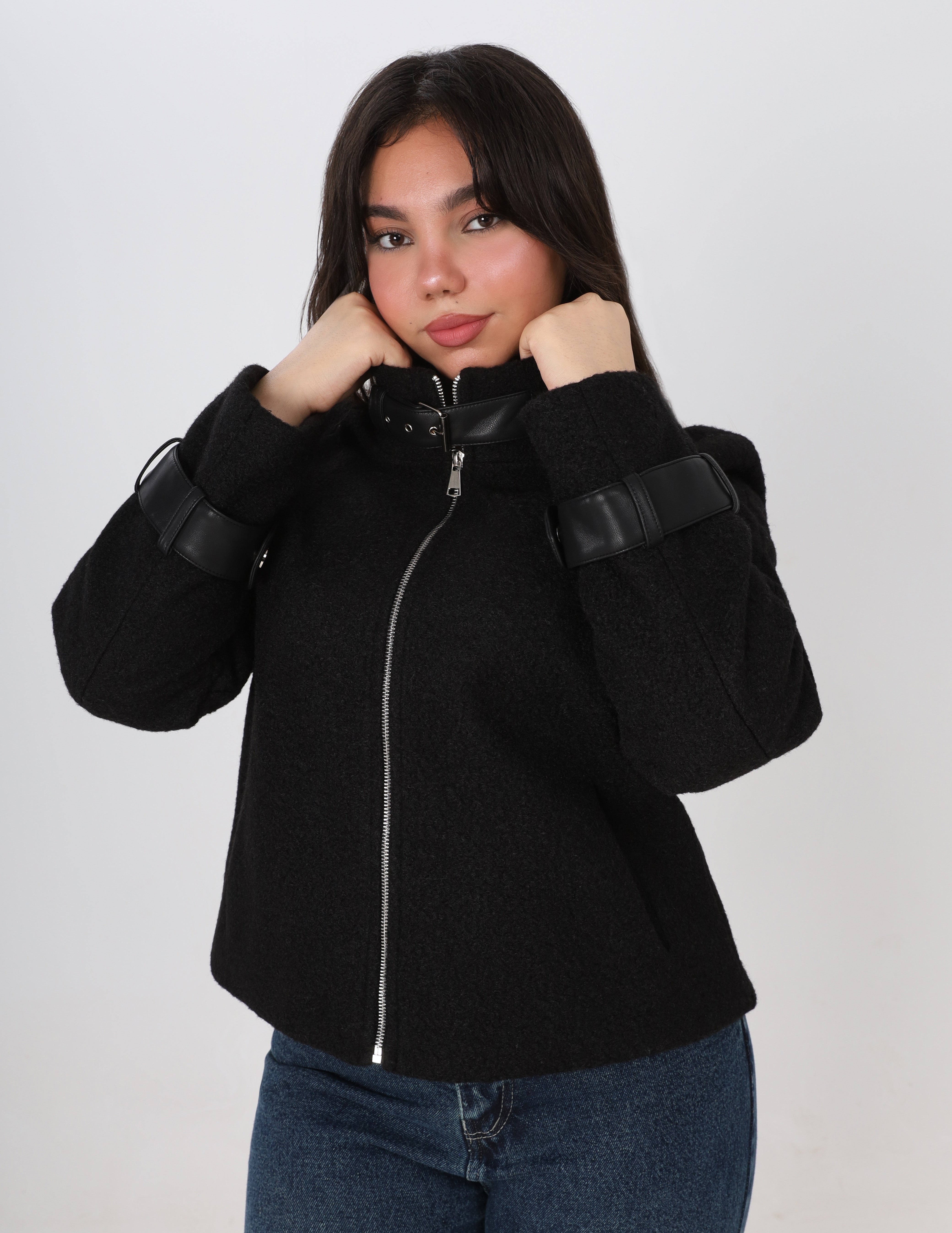 Wool Jacket with Front Zipper and Leather Trim w169240008