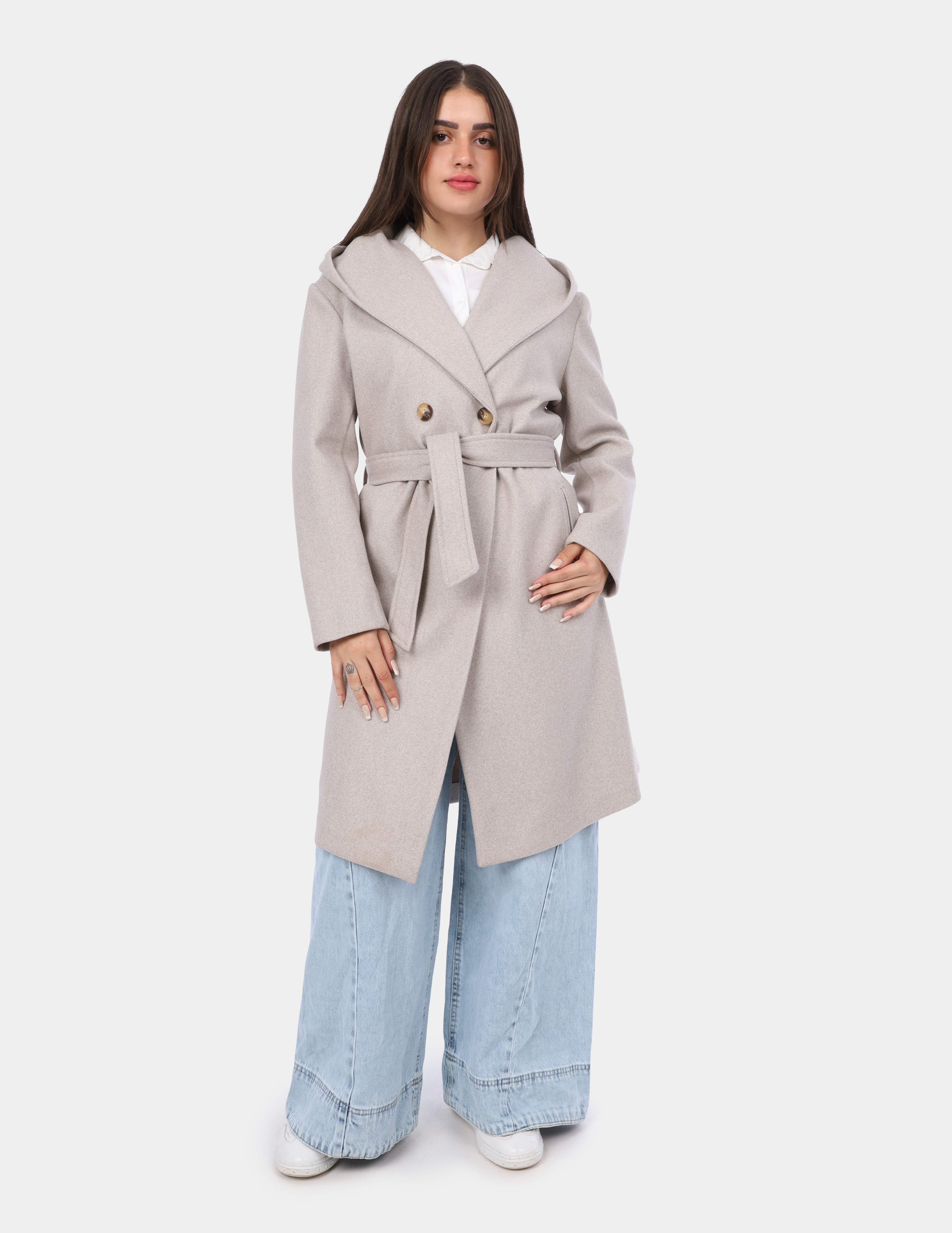 Hooded Wool Coat with Waist Belt w169240014