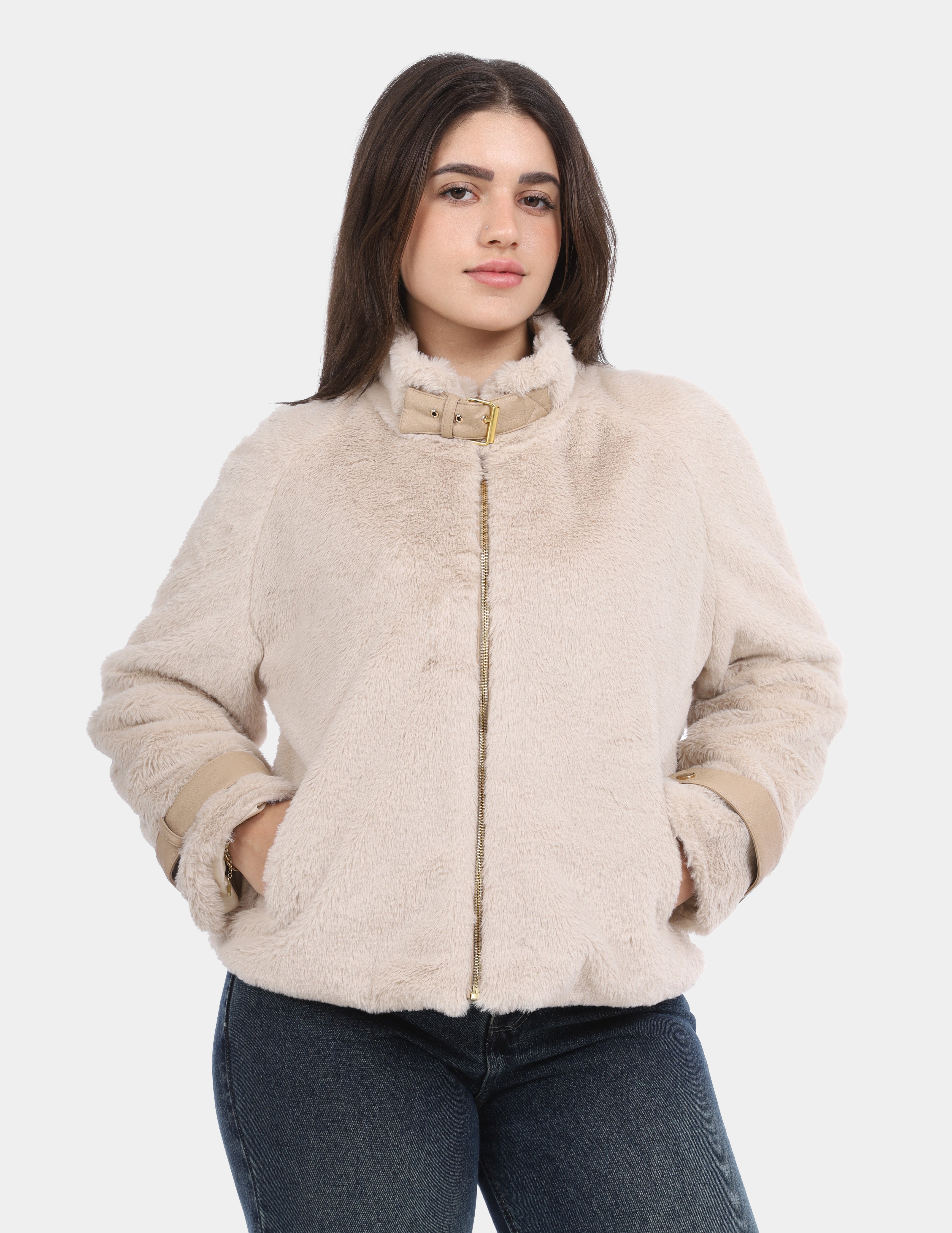 Faux Fur Jacket with Front Zipper w169240028