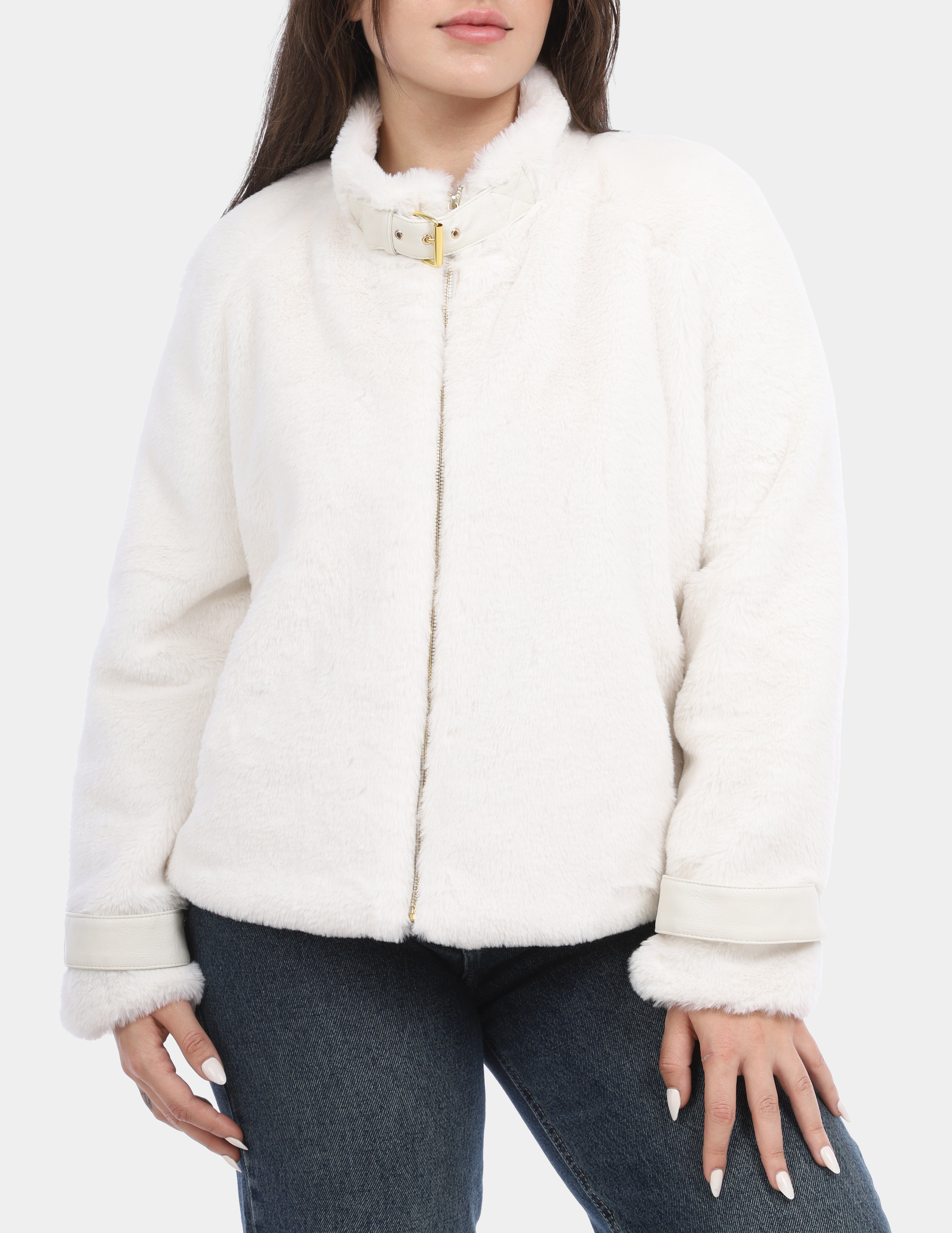 Faux Fur Jacket with Front Zipper w169240028