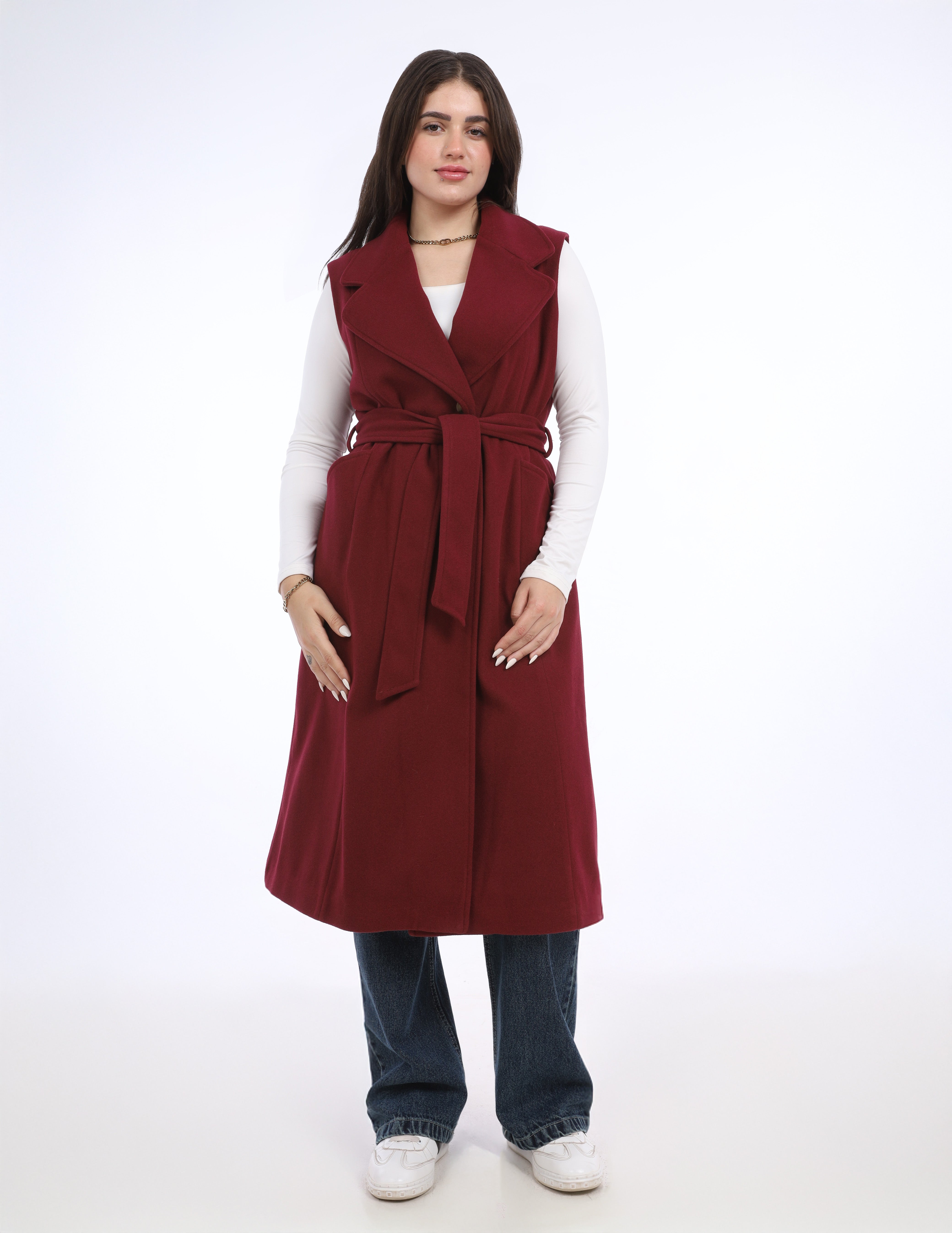Sleeveless Belted Long Coat w169240032