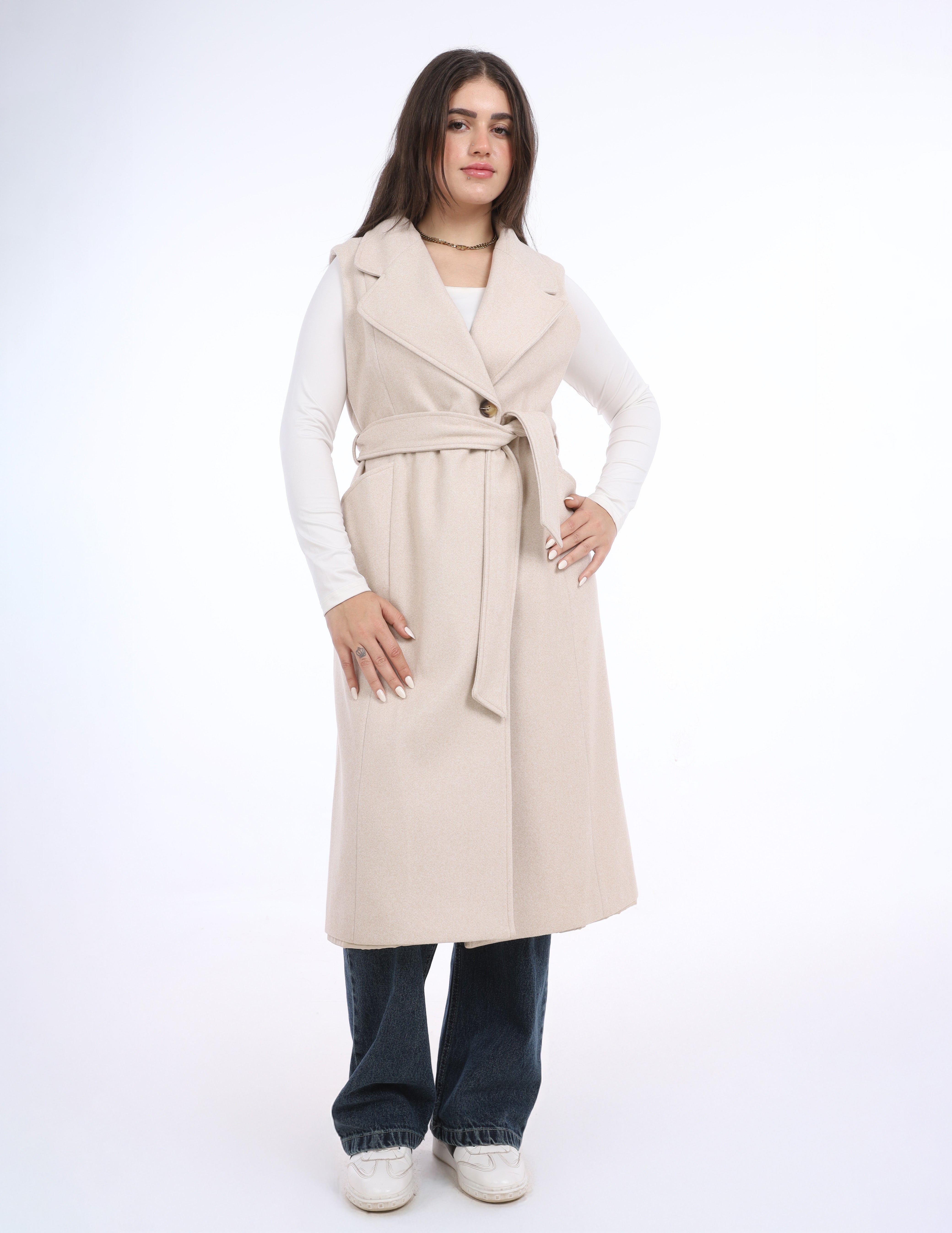 Sleeveless Belted Long Coat w169240032