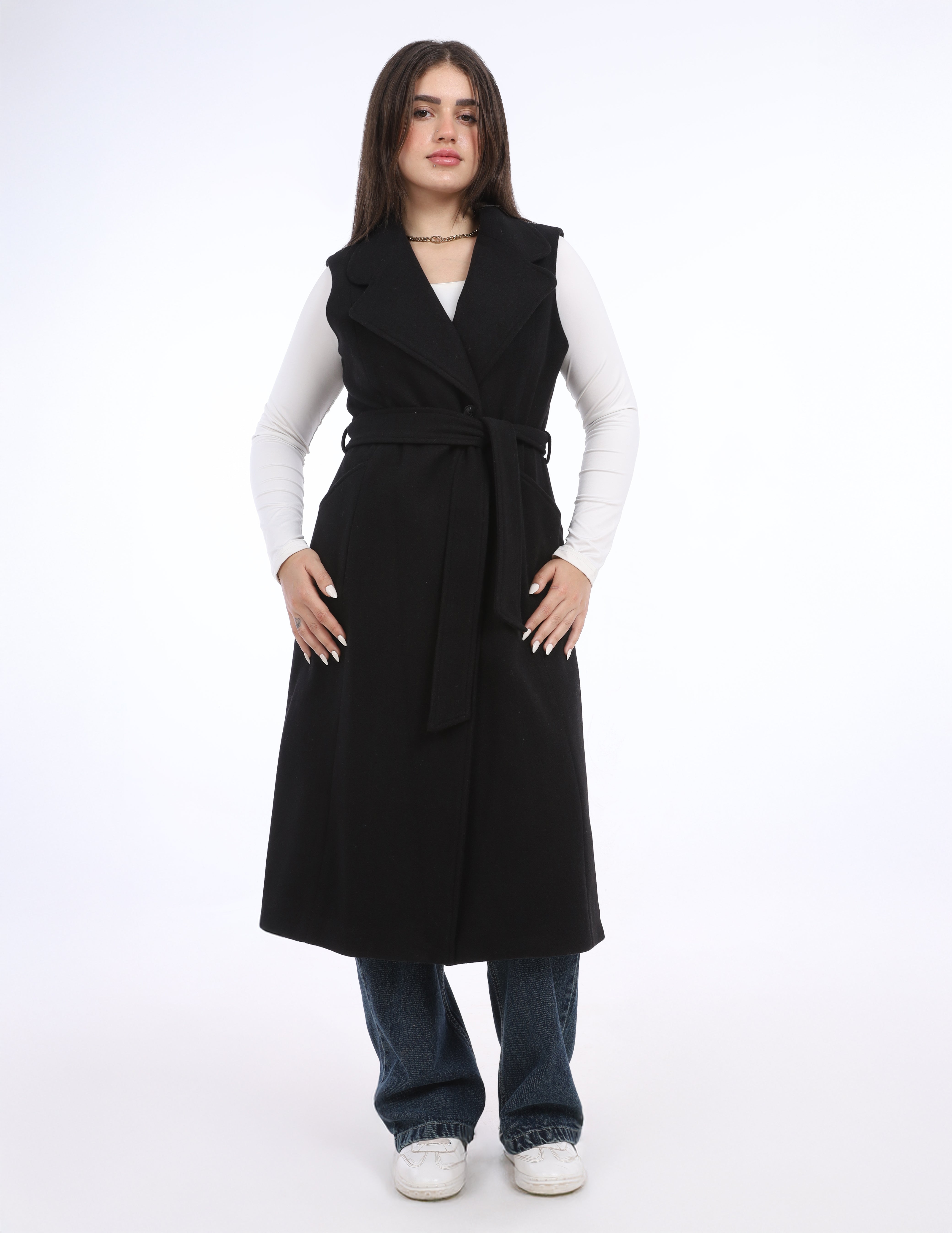 Sleeveless Belted Long Coat w169240032