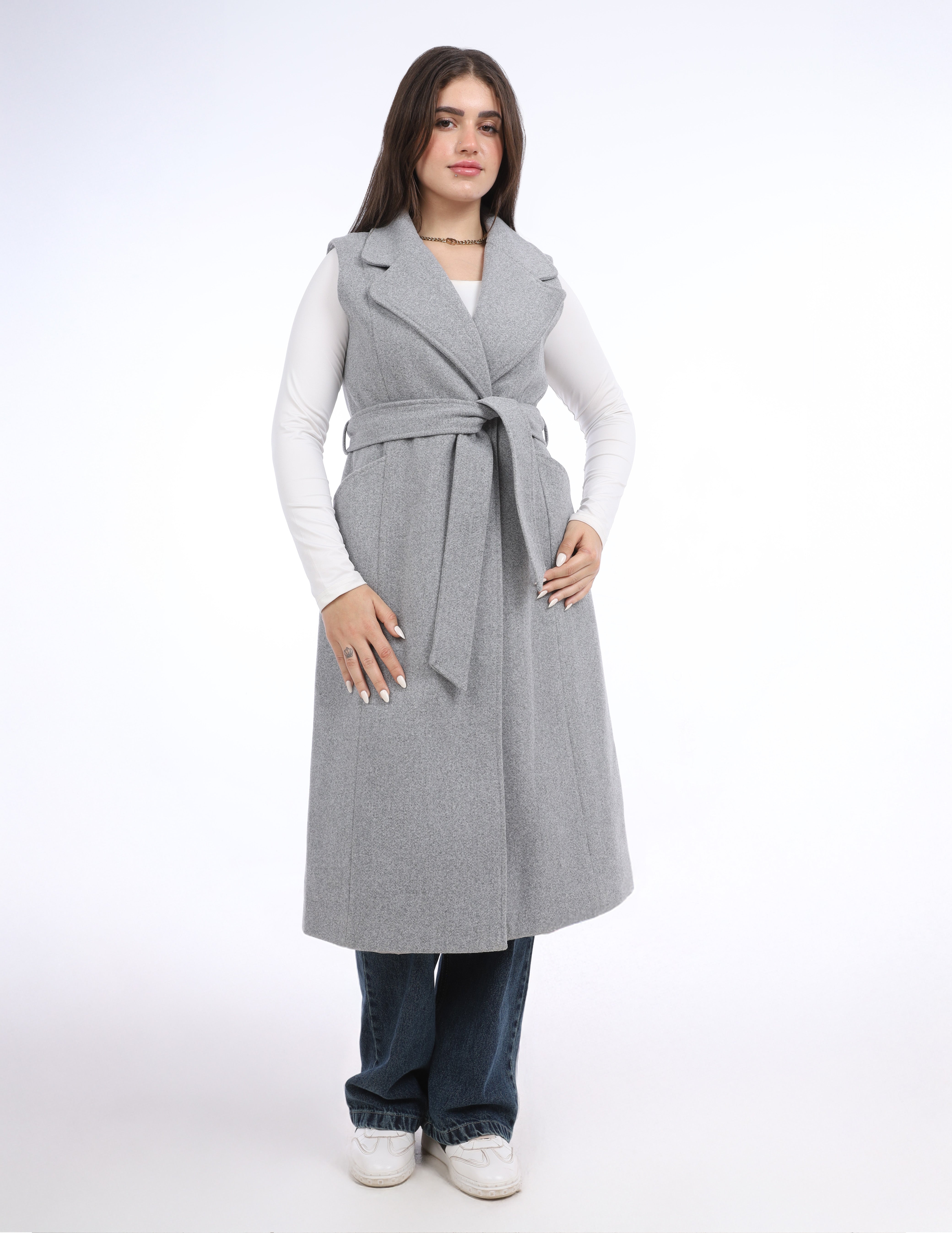 Sleeveless Belted Long Coat w169240032