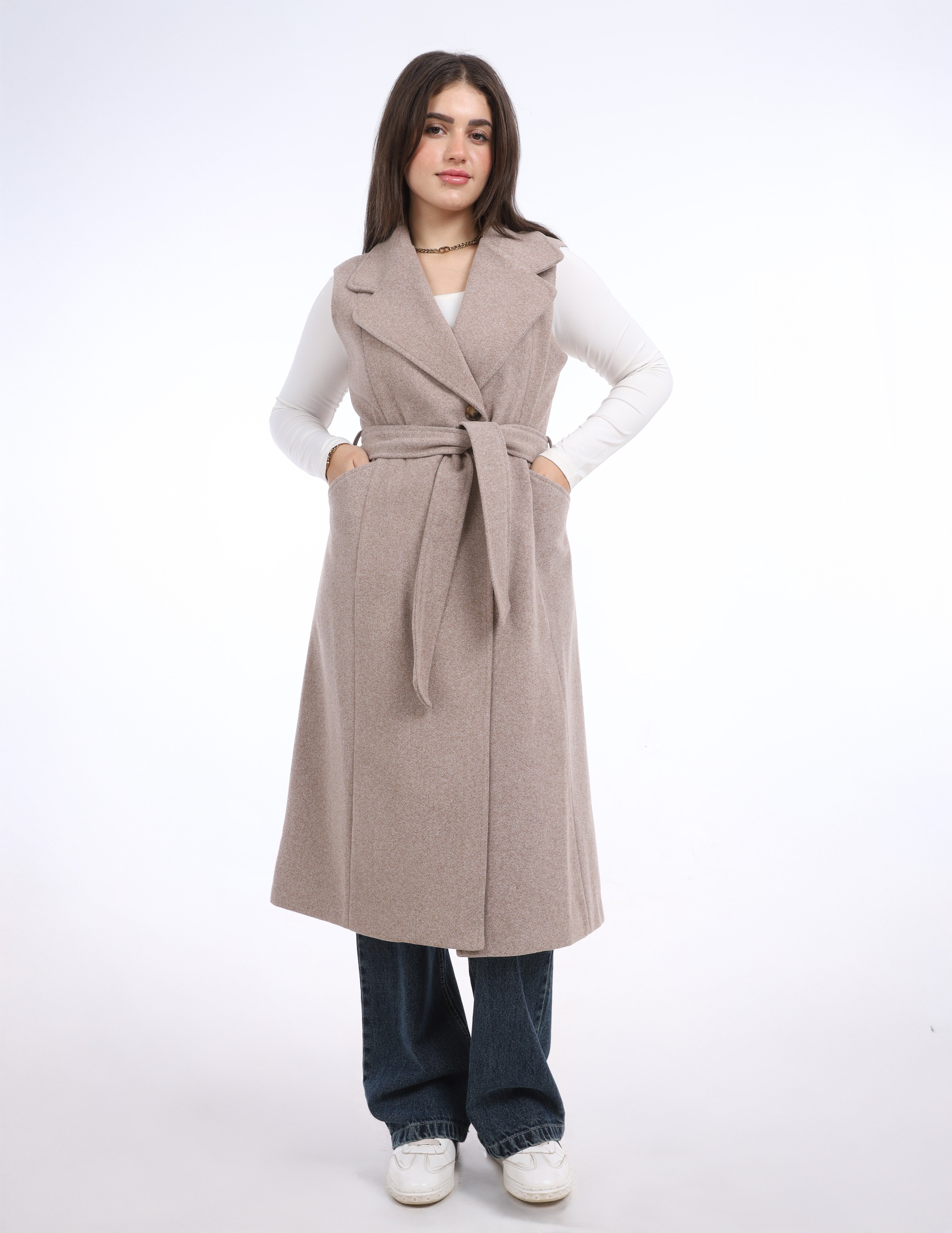 Sleeveless Belted Long Coat w169240032