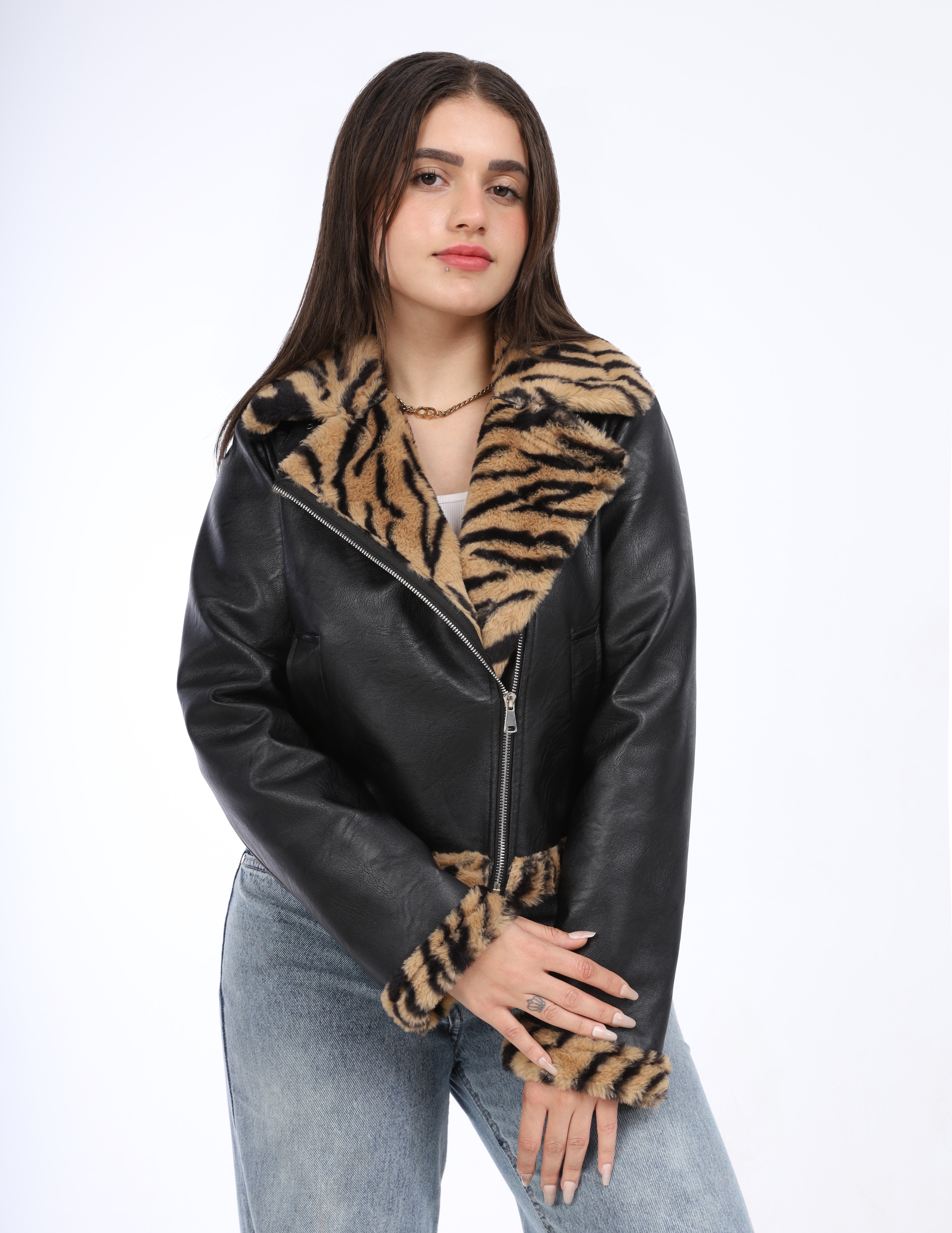 Faux Leather Jacket with Faux Fur Collar w169240055