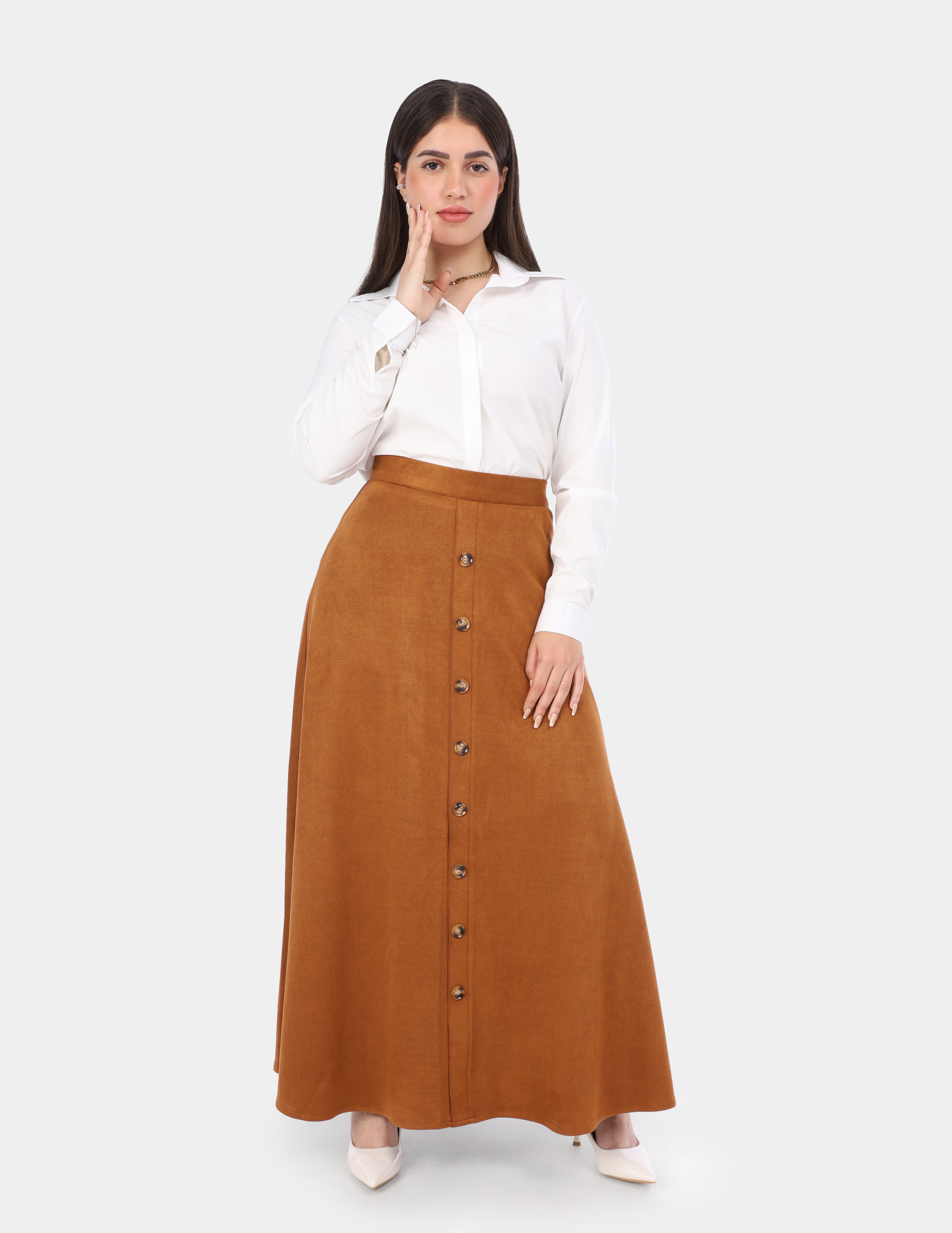 Wide Suede Button-Front Skirt  w16959132