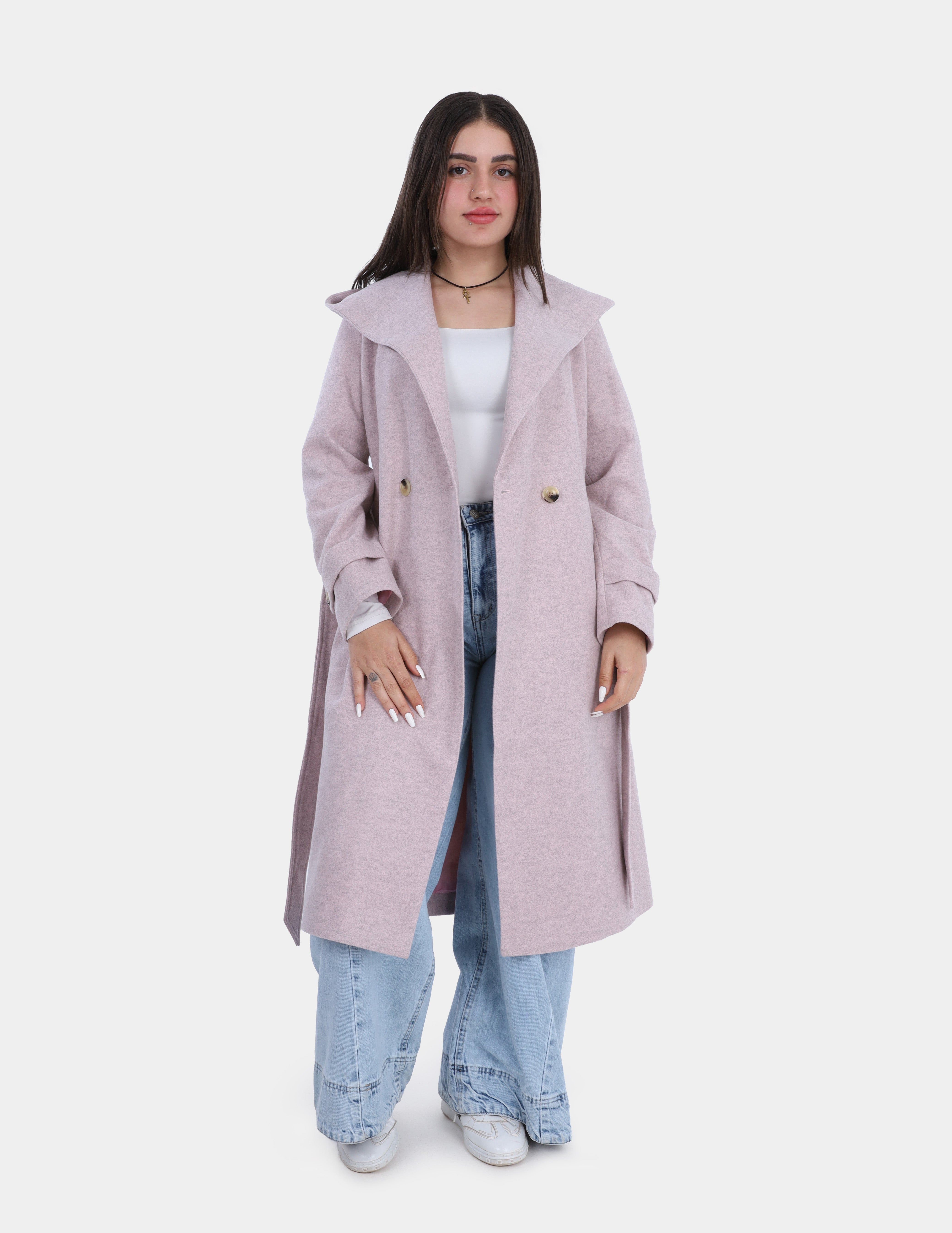 Elegant Hooded Long Coat with Waist Belt w16959137
