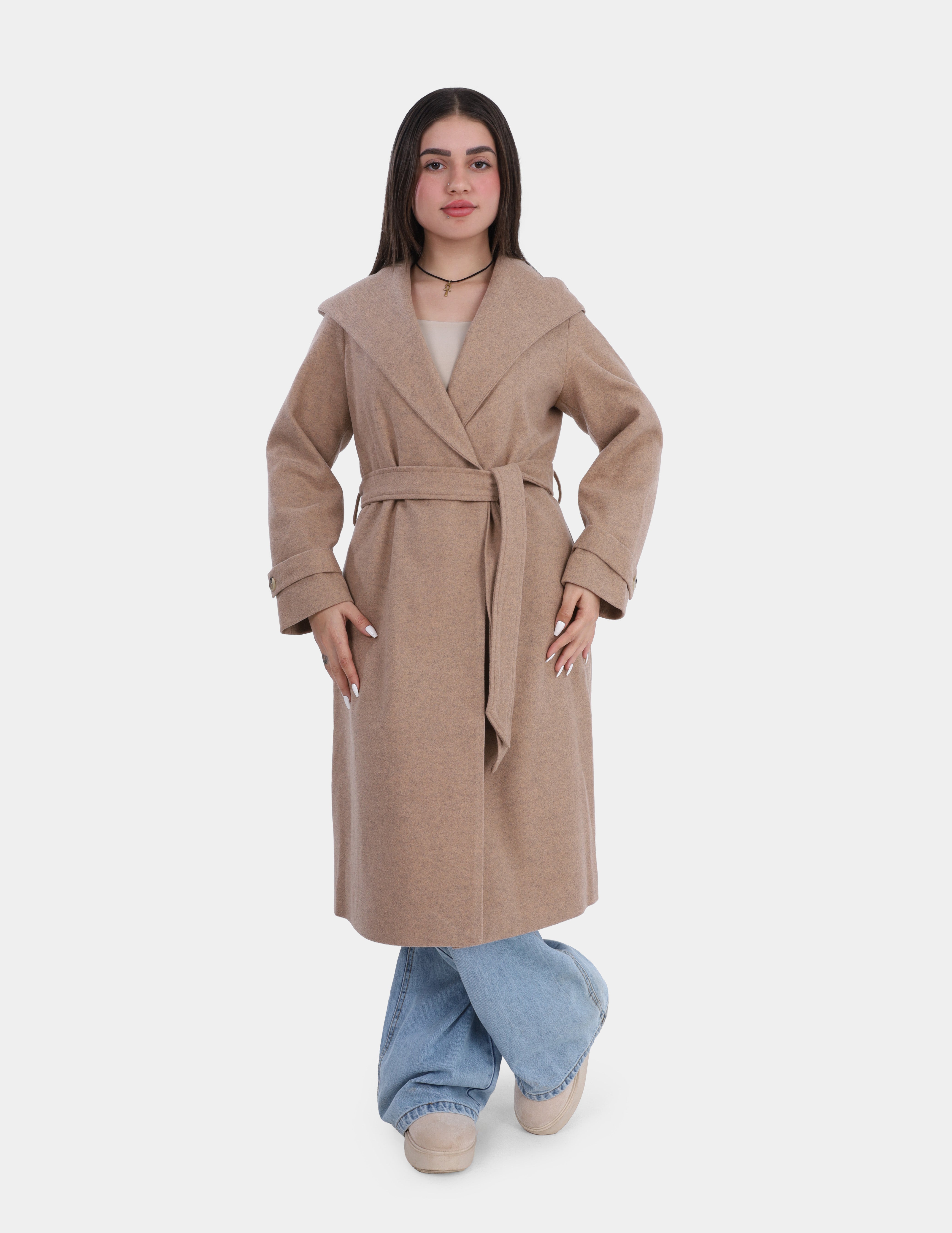 Elegant Hooded Long Coat with Waist Belt w16959137