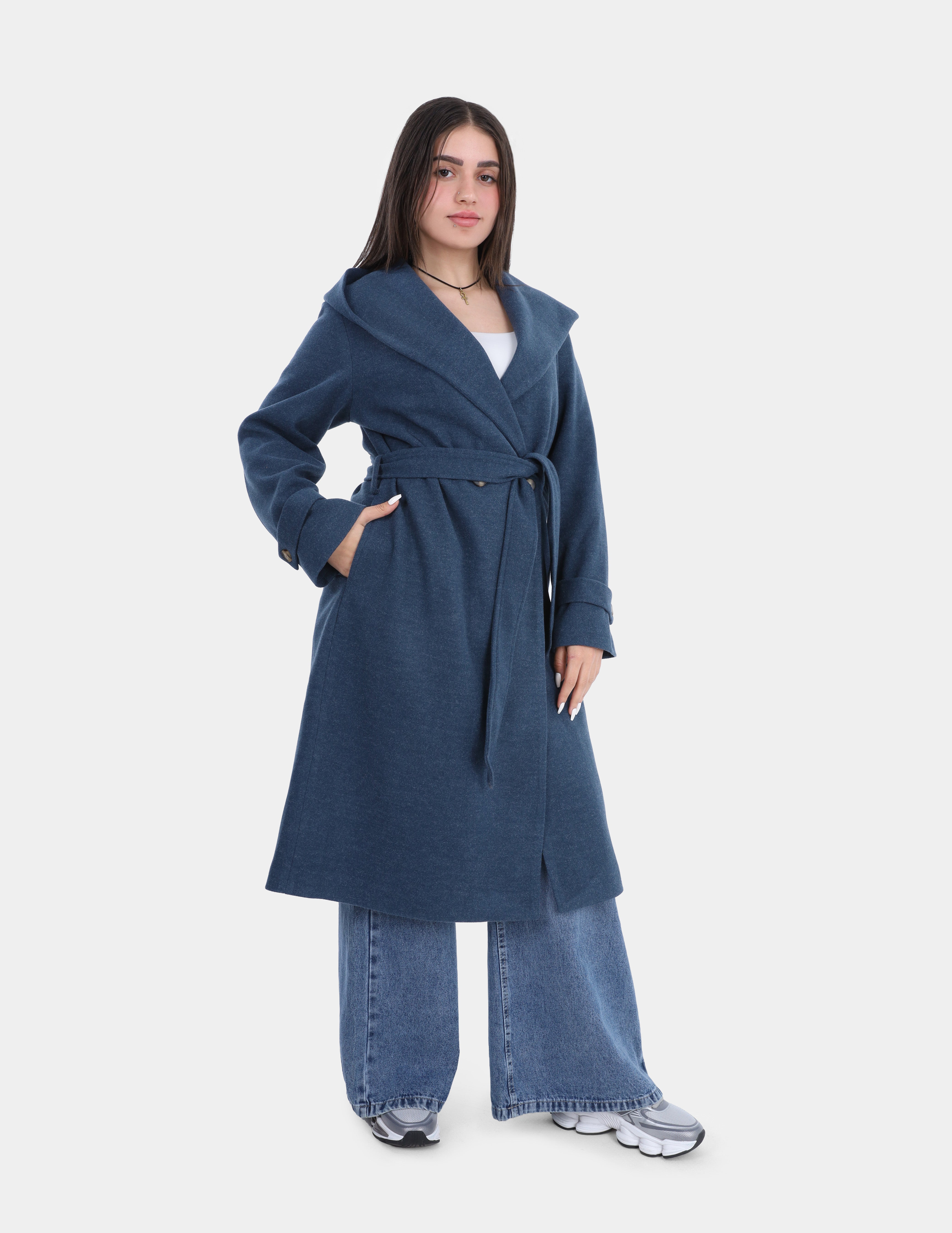 Elegant Hooded Long Coat with Waist Belt w16959137
