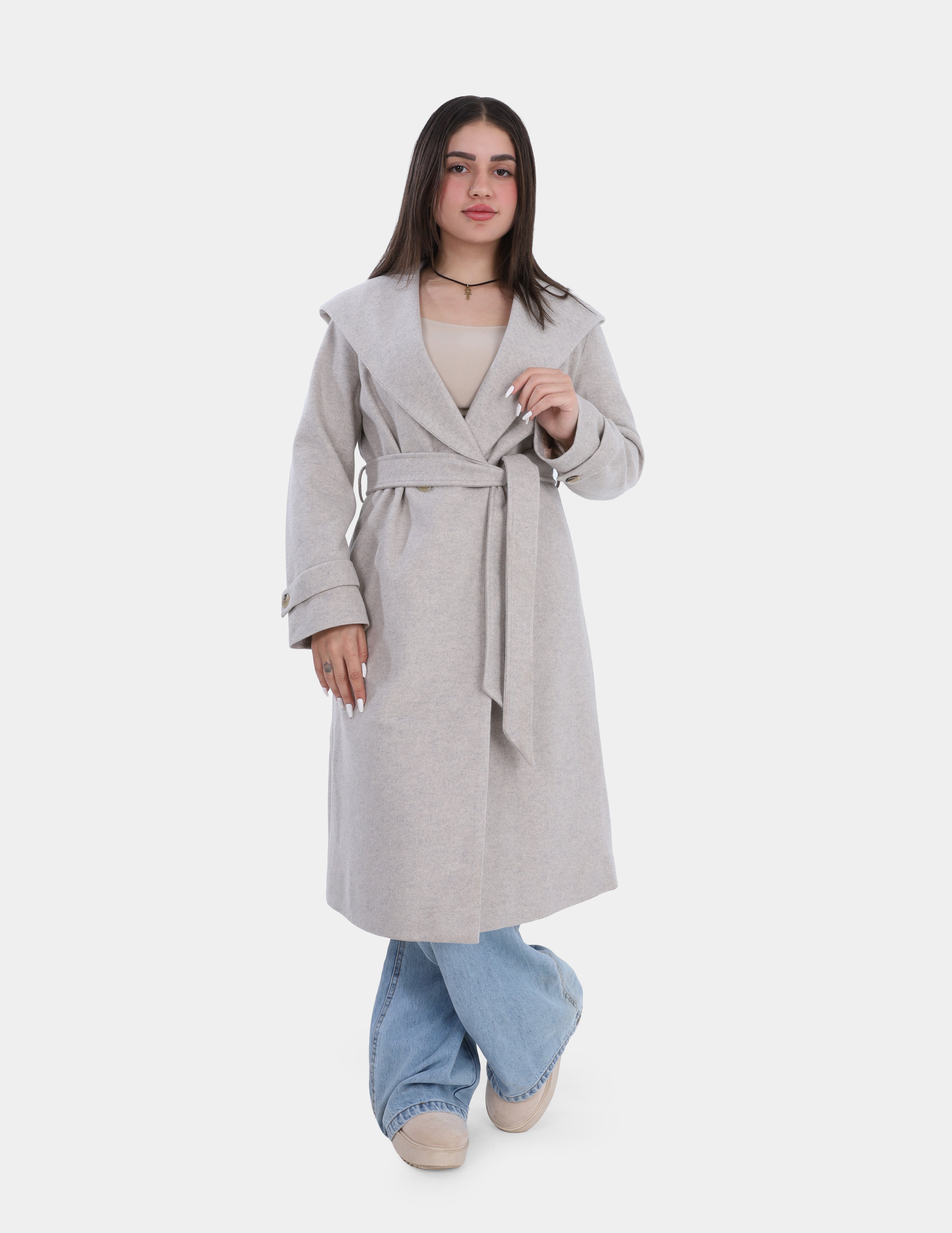 Elegant Hooded Long Coat with Waist Belt w16959137