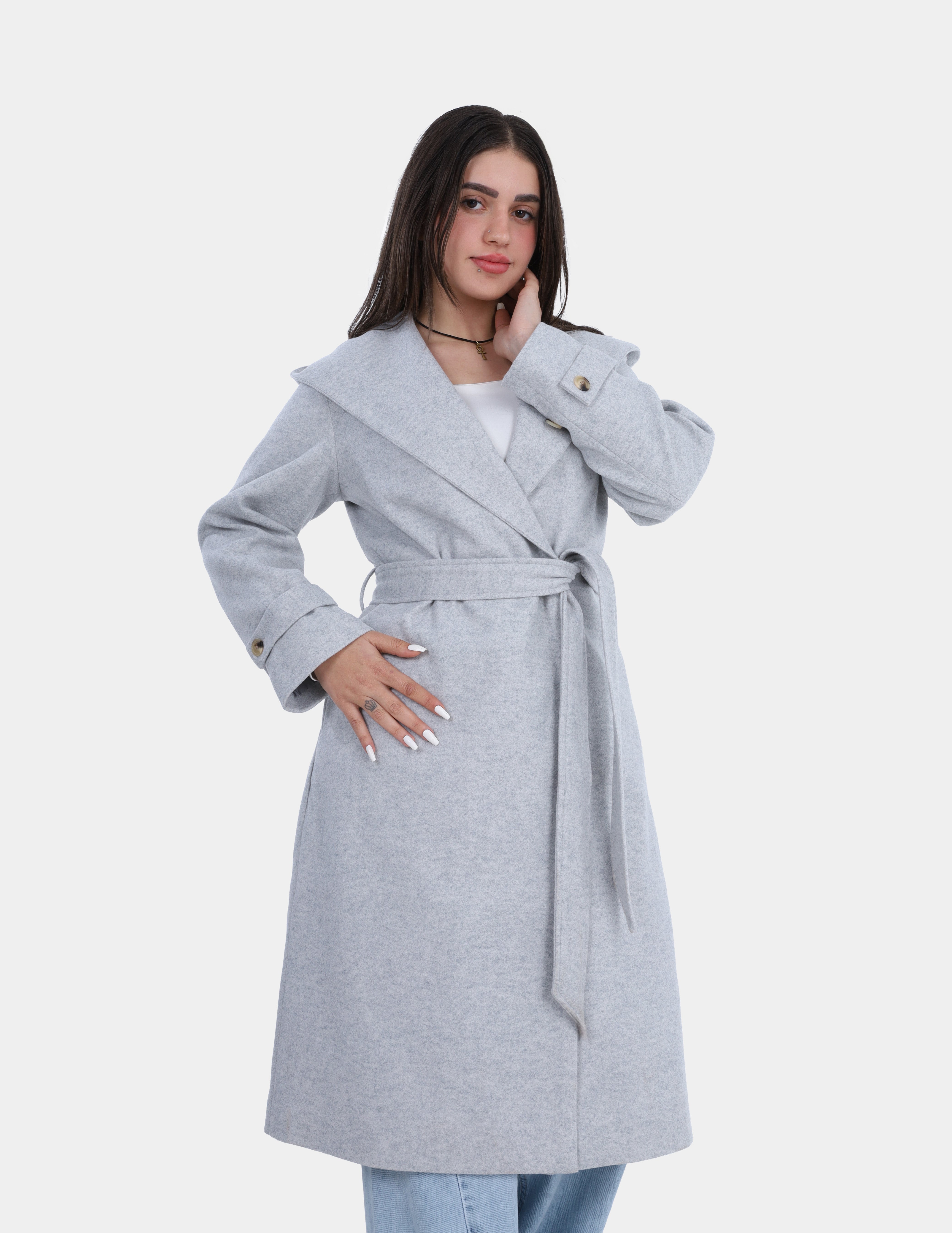 Elegant Hooded Long Coat with Waist Belt w16959137